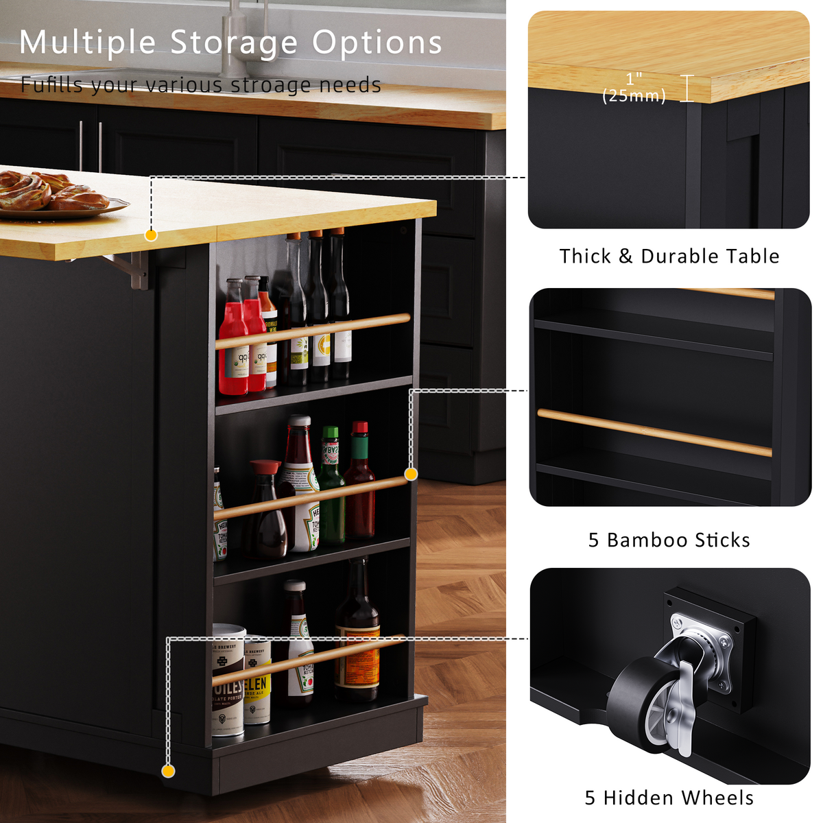 K&K 53inch Large Kitchen Island with 2 Bar Stools, Power Outlet,Door Internal Storage Rack, Kitchen Storage Cart on 5 Wheels with Drop Leaf, 5 Open Side Racks, 3 Drawers, for Kitchen,Dining Room,Black N707S000007B-djyc