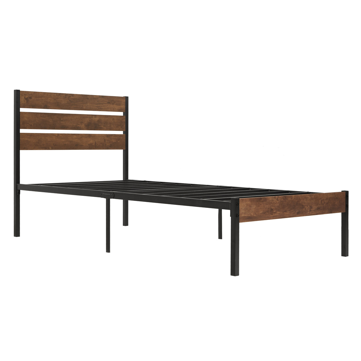 Twin Size Bed Frame with Wood Headboard, Metal Frame with Strong Slats, Noise Free,No Box Spring Needed-Brown W2336P167500-djyc