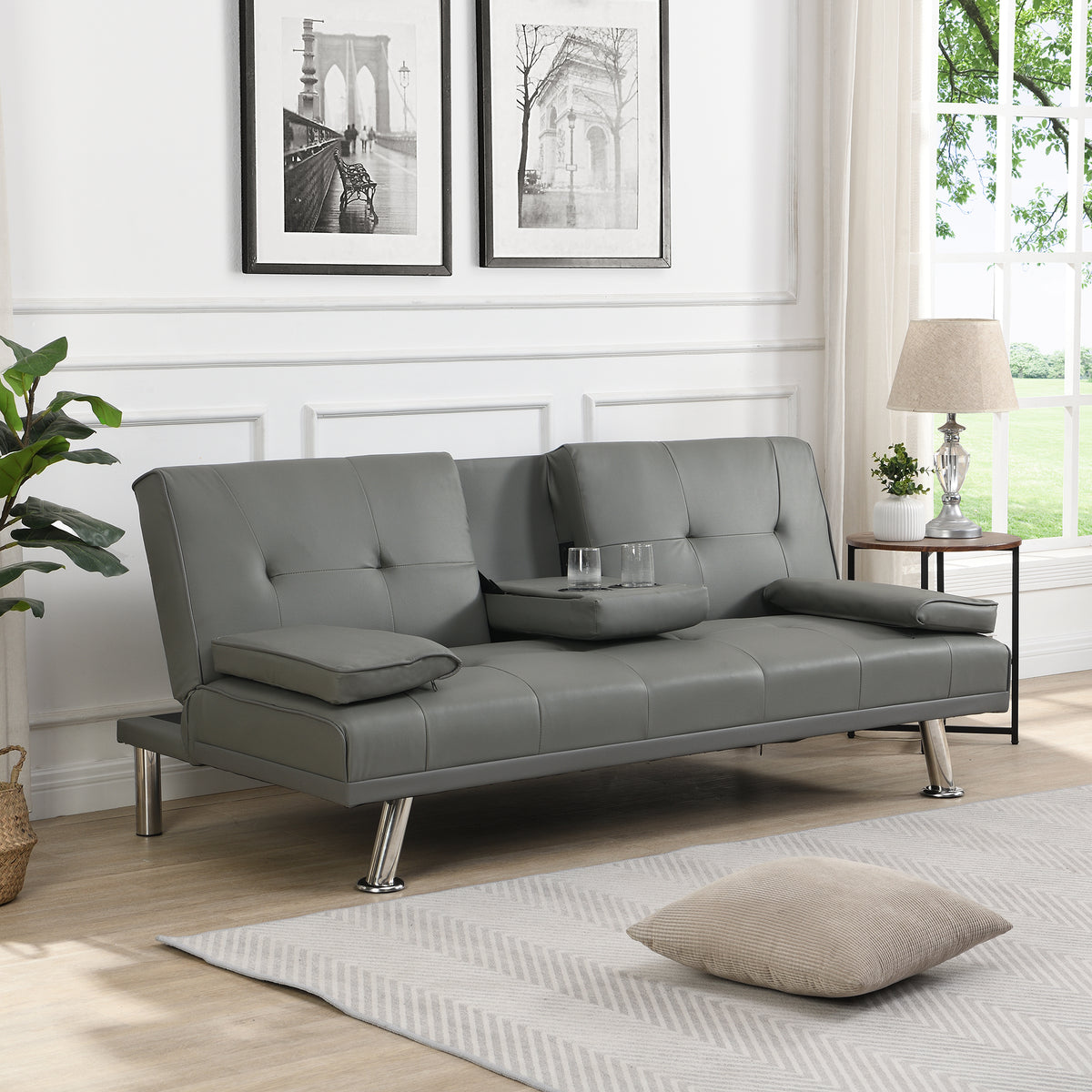 sofa bed with Armrest two holdersWOOD FRAME, STAINLESS LEG, FUTON GREY PVC W214104621-djyc