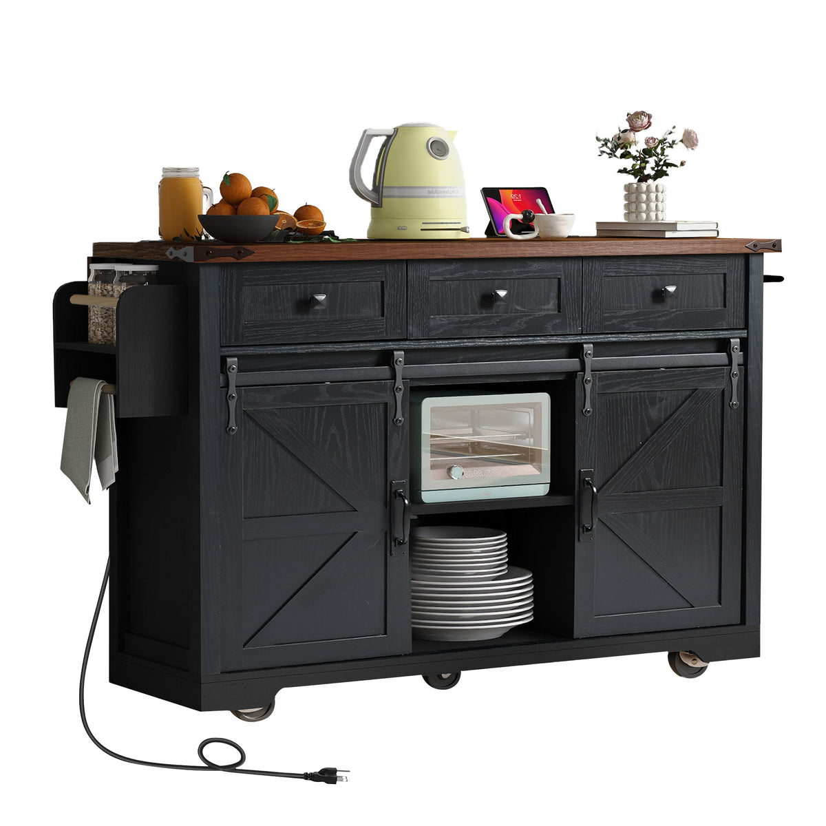 K&K 53.7" Farmhouse Kitchen Island with Power Outlet, 2 Sliding Barn Door Kitchen Storage Island with Drop Leaf, Spice Rack Rolling Kitchen Cart on Wheels, for Home, Kitchen and Dining Room, Black N707P170347B-djyc