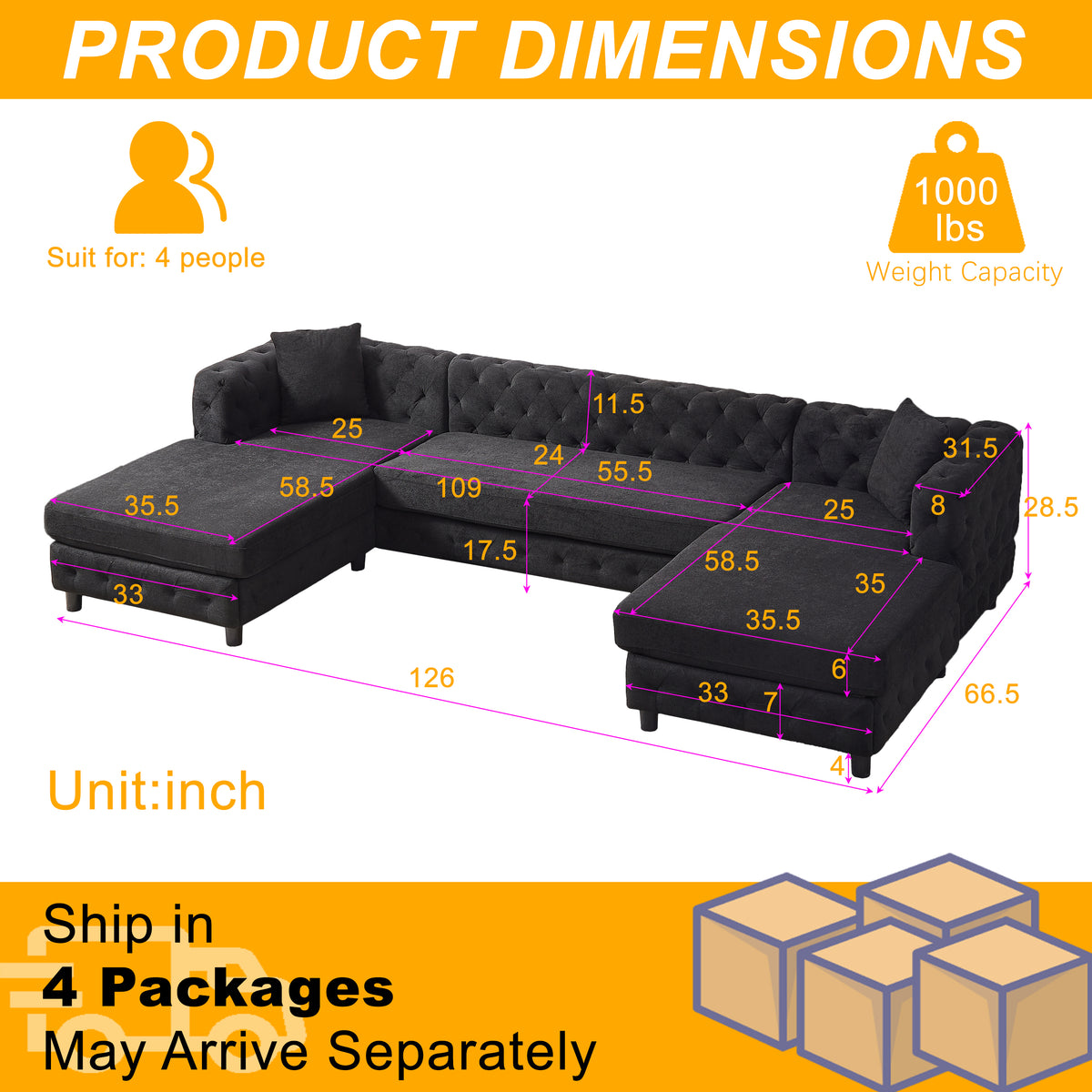 126-inch Modern Style Chenille Three Piece Sofa, Pull Point Design U-shaped Sofa two Chaise Longue Seats, two Pillows and Plastic Feet, Suitable for Living room, Bedroom, Lounge and Projection Room W834S00330-djyc