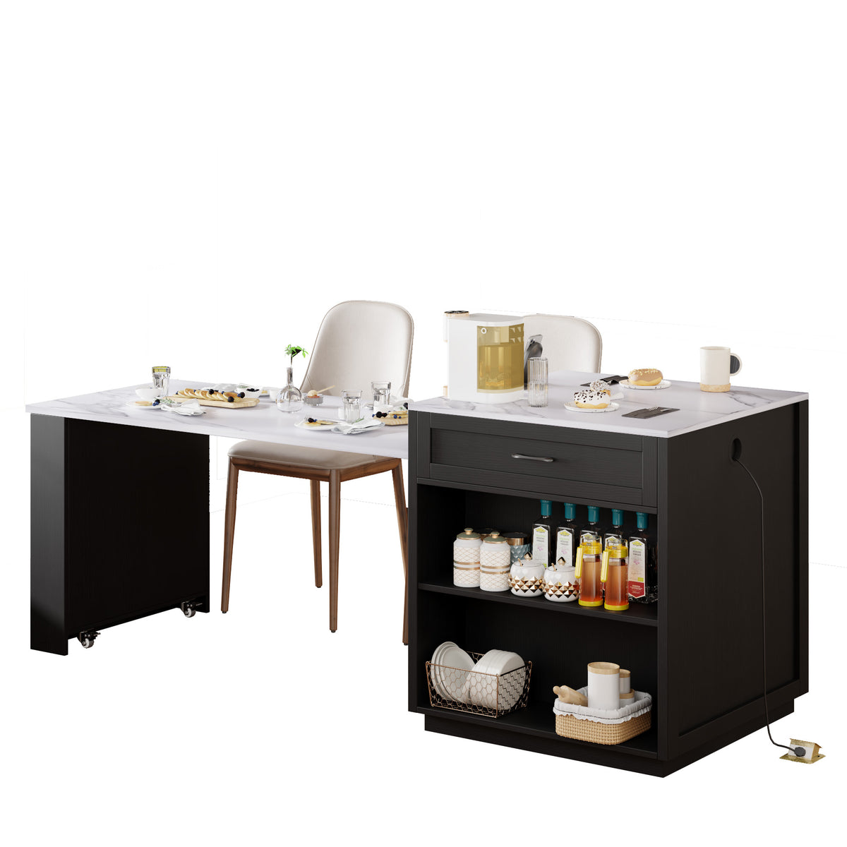 K&K 82.7 inch Kitchen Island with Extendable Dining Table for 4-6 Person,Faux Mable Kitchen Table with Double-sized Storage,Power Outlet,Kitchen island with Storage 2 Drawers 2 Side Open Shelves,Black N707S000010B-djyc