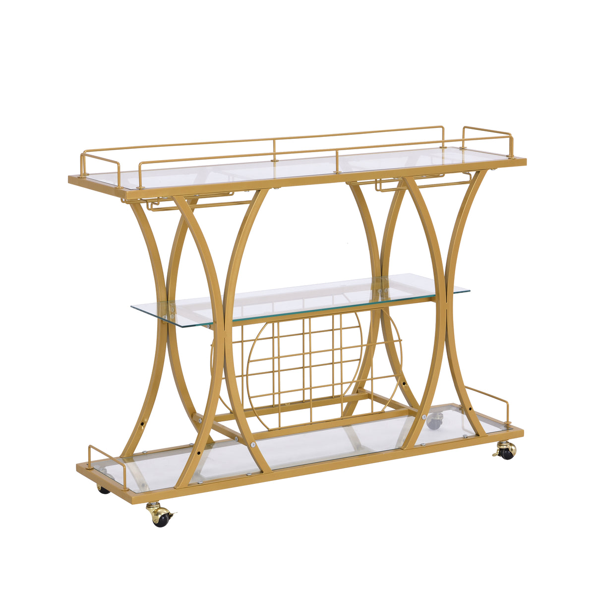 Golden Bar Cart with Wine Rack Tempered Glass Metal Frame Wine Storage W821P184472-djyc