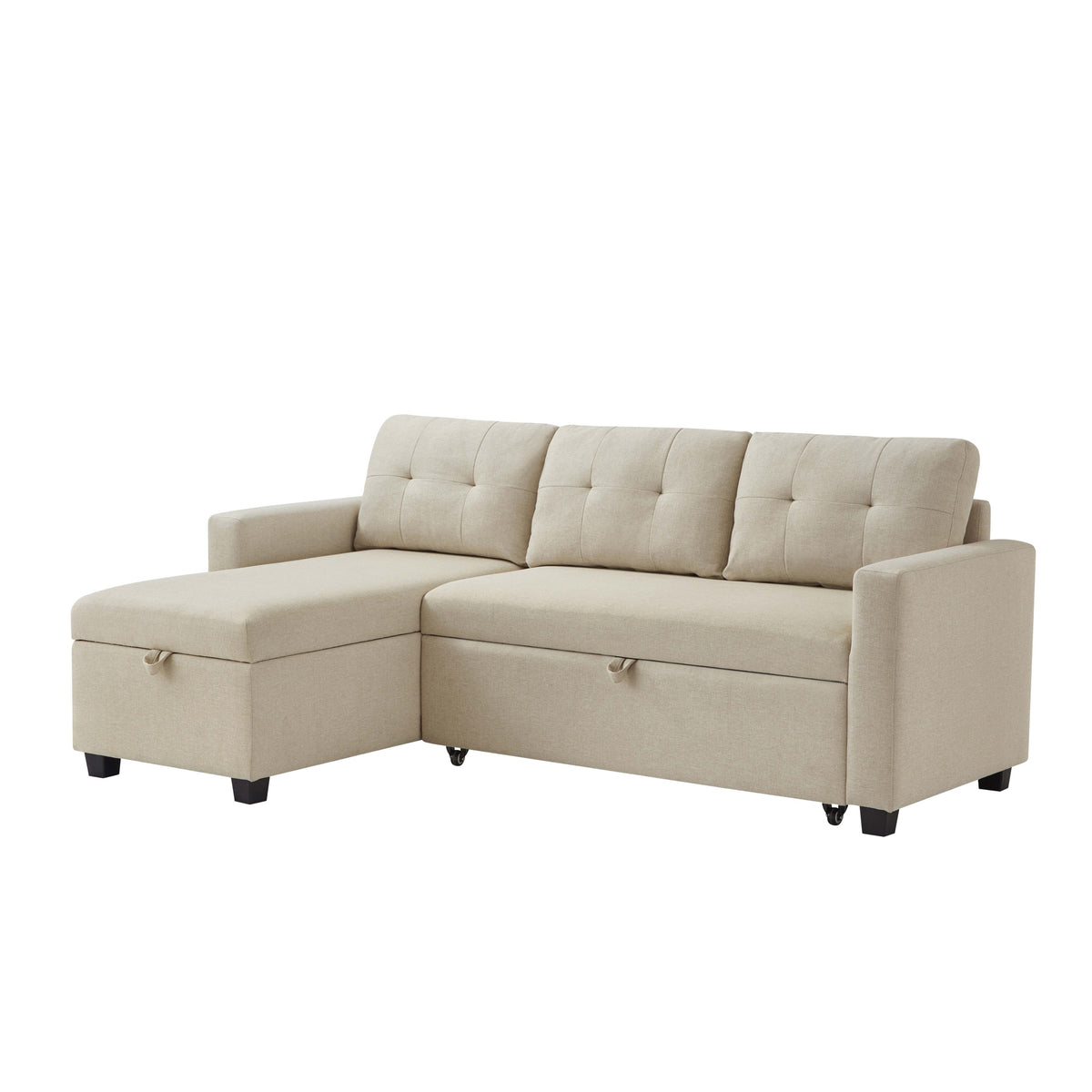 Upholstered Pull Out Sectional Sofa with Storage Chaise, Convertible Corner Couch, Beige W2336S00014-djyc