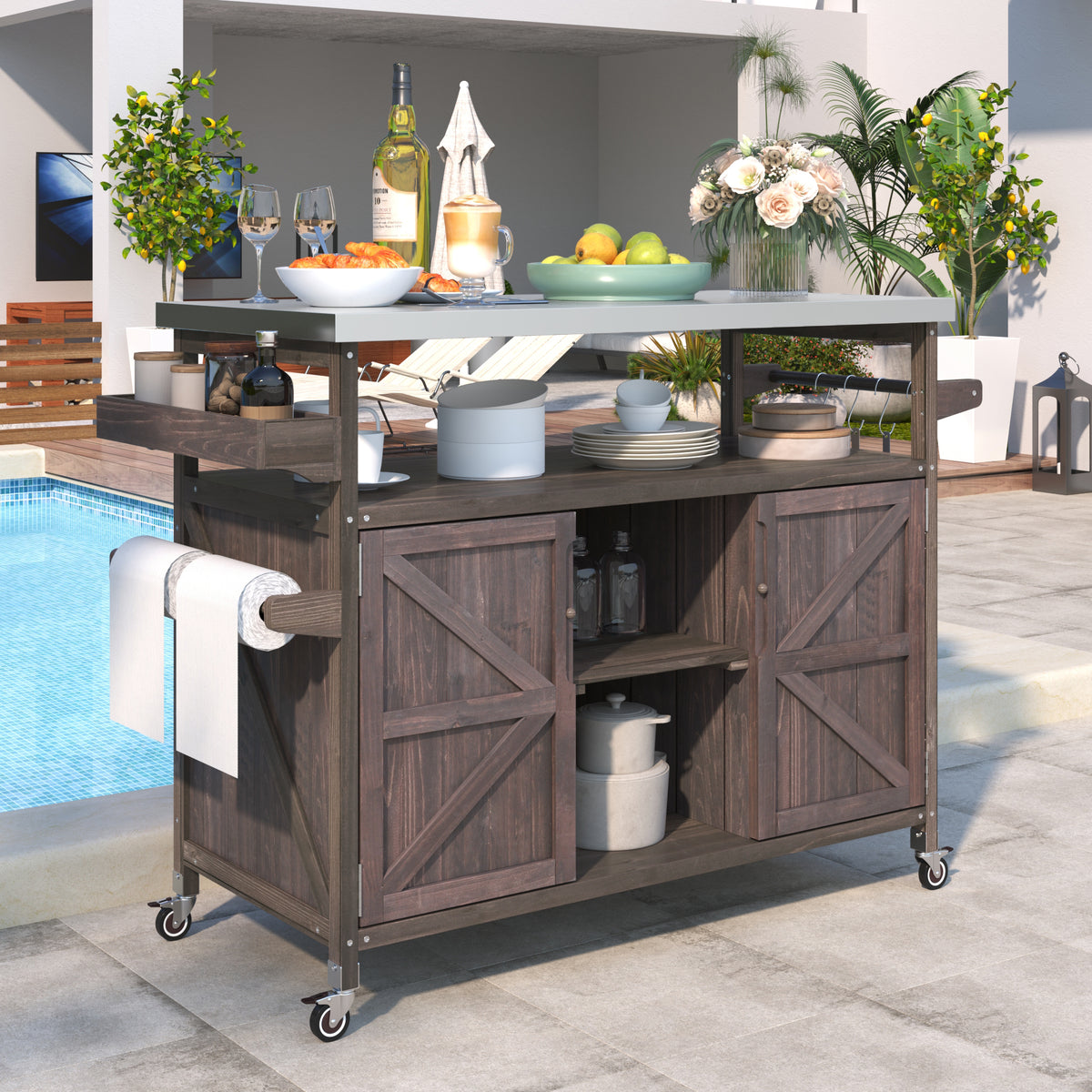 K&K Outdoor Kitchen Island, Rolling Bar Cart & Storage Cabinet, Farmhouse Solid Wood Outdoor Grill Table with Stainless Steel Top, Spice Rack , Towel Rack for Kitchen & Barbecue , Dark Brown WF532198AAZ-djyc