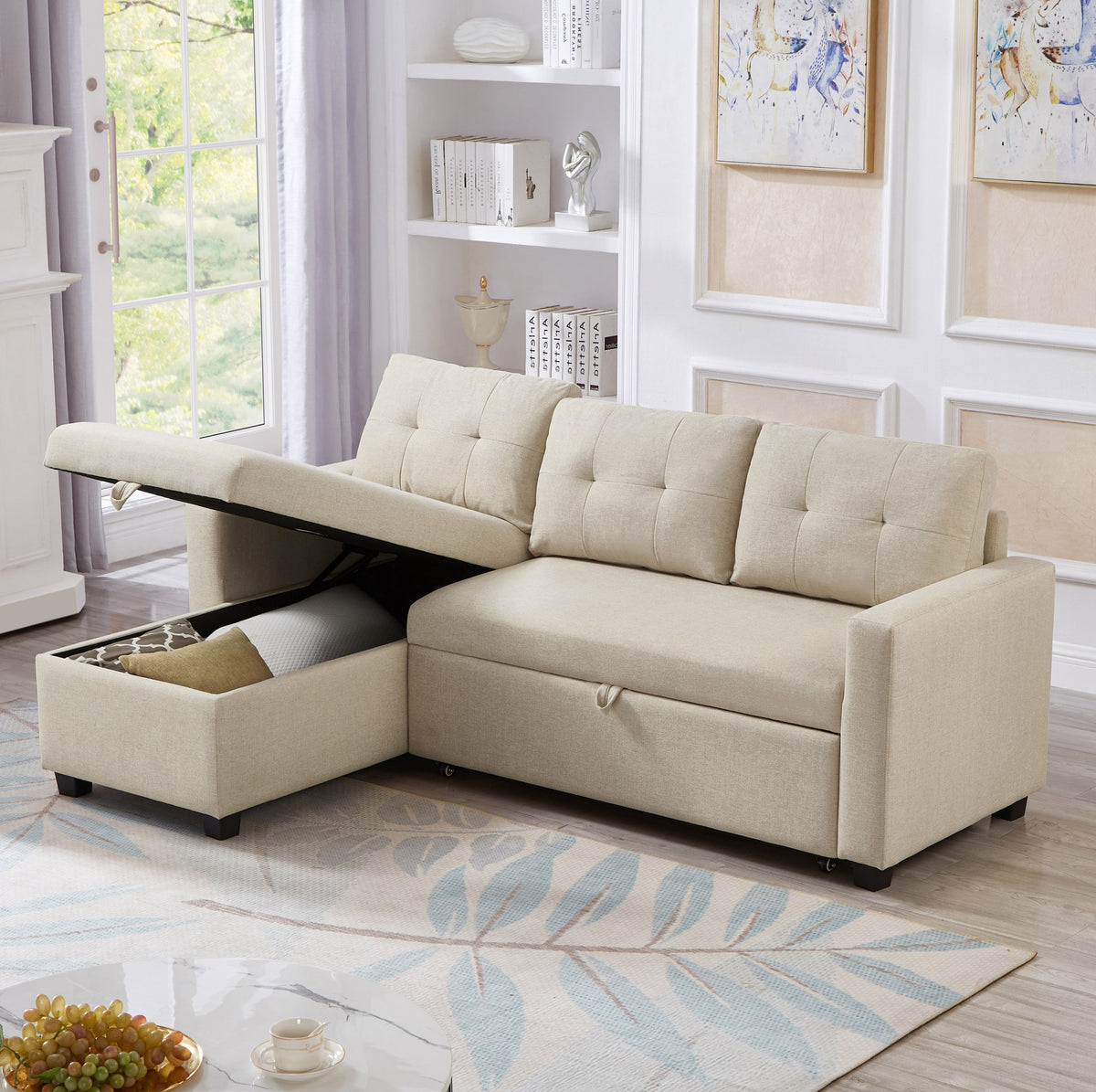 Upholstered Pull Out Sectional Sofa with Storage Chaise, Convertible Corner Couch, Beige W2336S00014-djyc