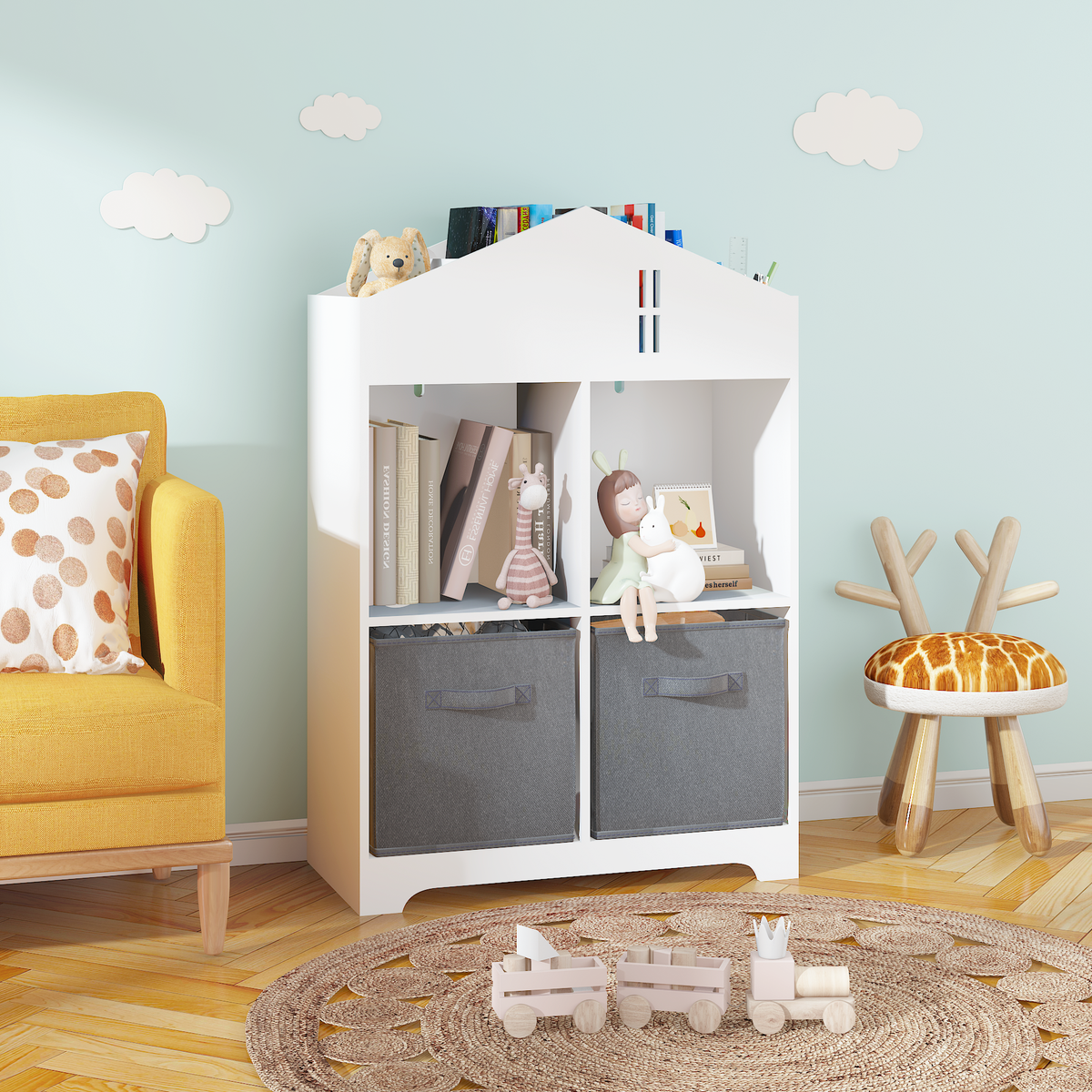 Kids Dollhouse Bookcase with Storage, 2-Tier Storage Display Organizer, Toddler Bookshelf with 2 Collapsible Fabric Drawers for Bedroom or Playroom (White/Gray) W808122614-djyc