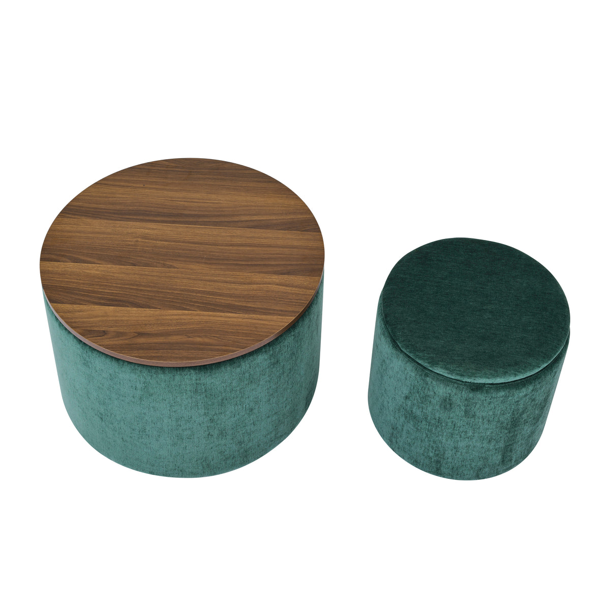 2-Piece Set Round Chenille Storage Ottoman, Equipped with a Drum Shaped Small Stool, Storage Space, and MDF Made Desktop Panel (Dark Green23.62"x23.62"x16.53") W487P179603-djyc