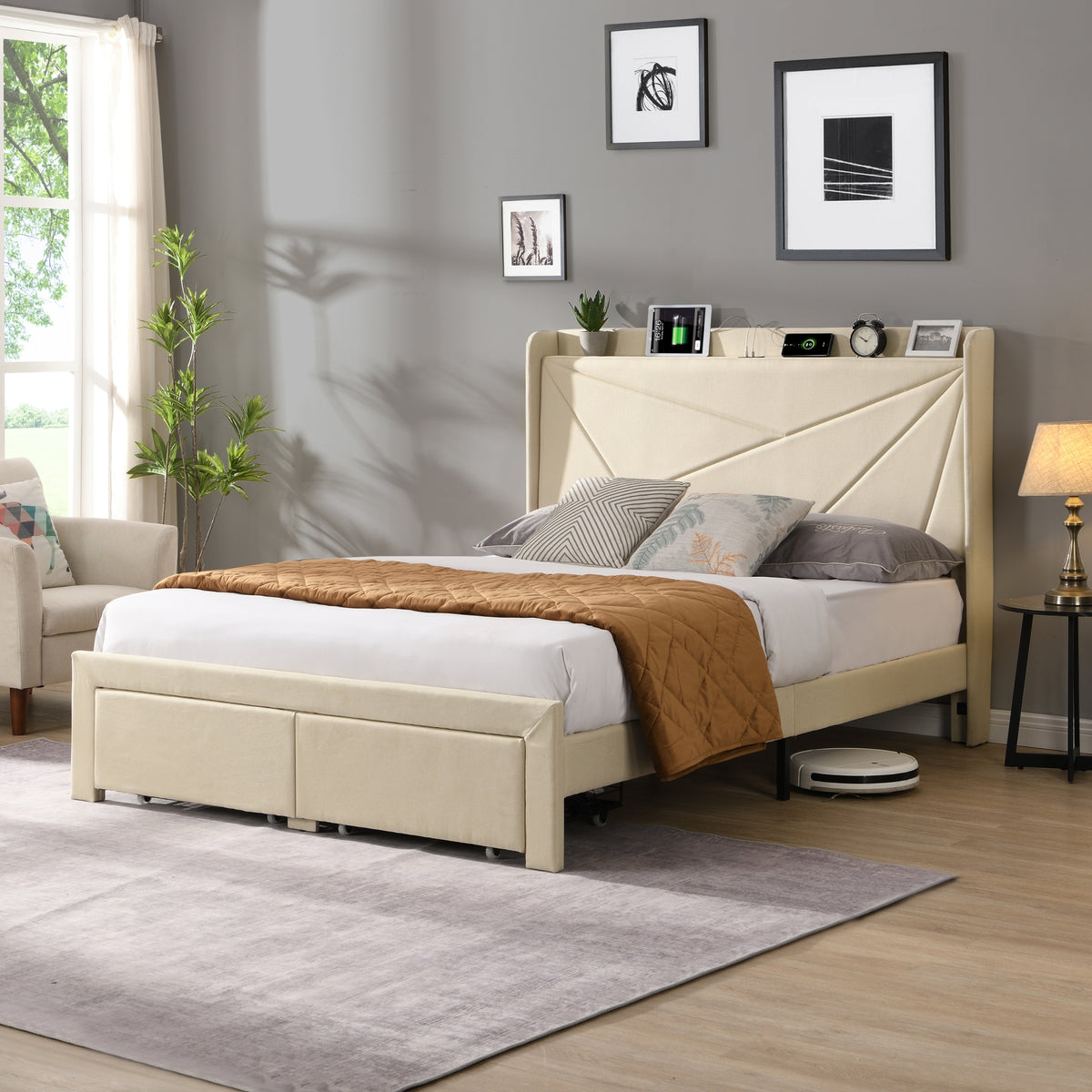 Full Size Bed Frame with 2 Storage Drawers, Upholstered Bed Frame with Wingback Headboard Storage Shelf Built-in USB Charging Stations and Strong Wood Slats Support, No Box Spring Needed, Beige W1916126256-djyc