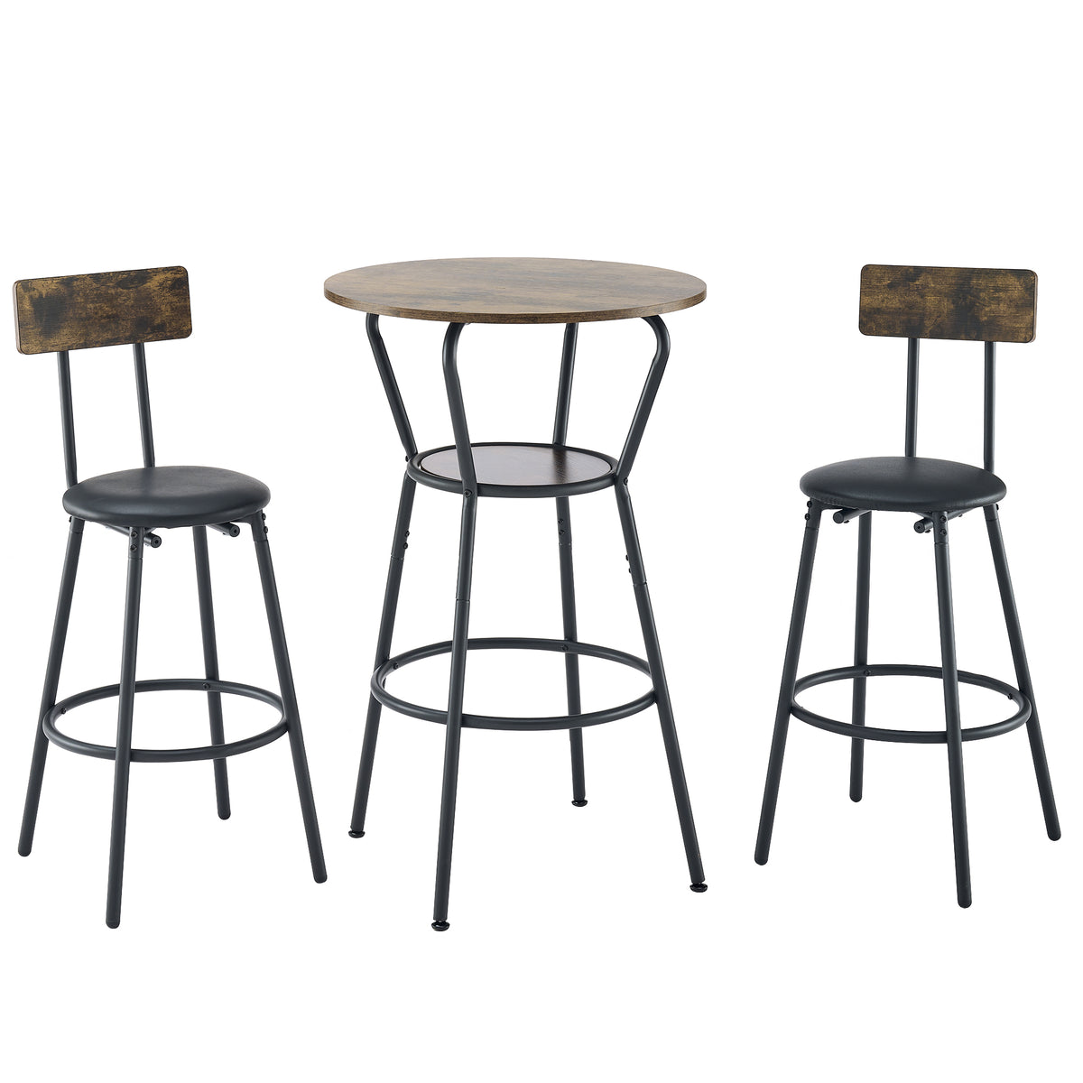 Round bar table and stool set with shelf, upholstered stool with backrest, Rustic Brown, 24.17"W x 24.17"D x 36.02"H W1903P149221-djyc