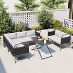 TOPMAX 5-Piece Modern Patio Sectional Sofa Set Outdoor Woven Rope Furniture Set with Glass Table and Cushions, Black+Gray SP100021AAB-djyc
