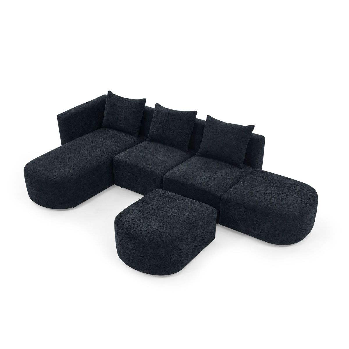 L Shape Sectional Sofa including Two Single Seats, Left Side Chaise and Two Ottomans, Modular Sofa, DIY Combination, Loop Yarn Fabric, Black W487S00156-djyc