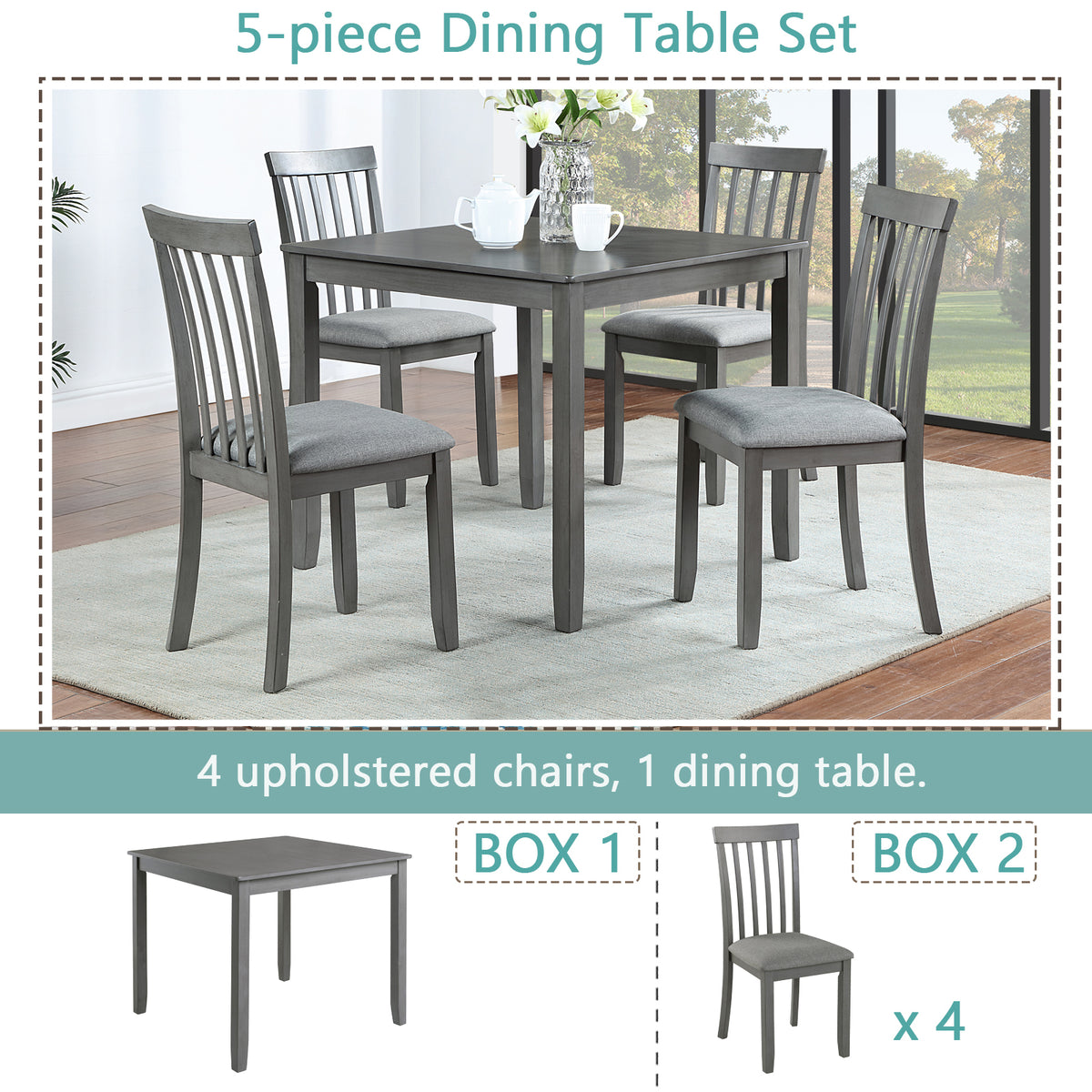 5 Piece Modern Dining Set, Square Wooden Dining Table with 4 Upholstered Chairs for Kitchen, Dining Room, Gray W1998S00022-djyc