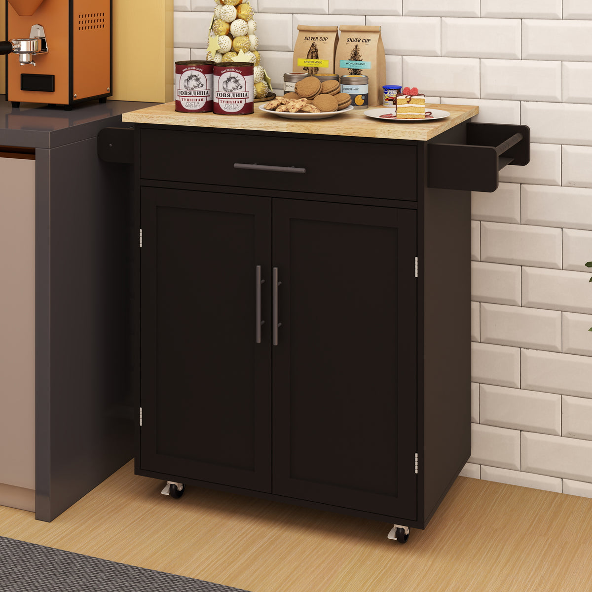 Kitchen island rolling trolley cart with 1 drawer & 2 doors with Adjustable Shelves & towel rack & seasoning rack rubber wood table top - Black W282P184187-djyc