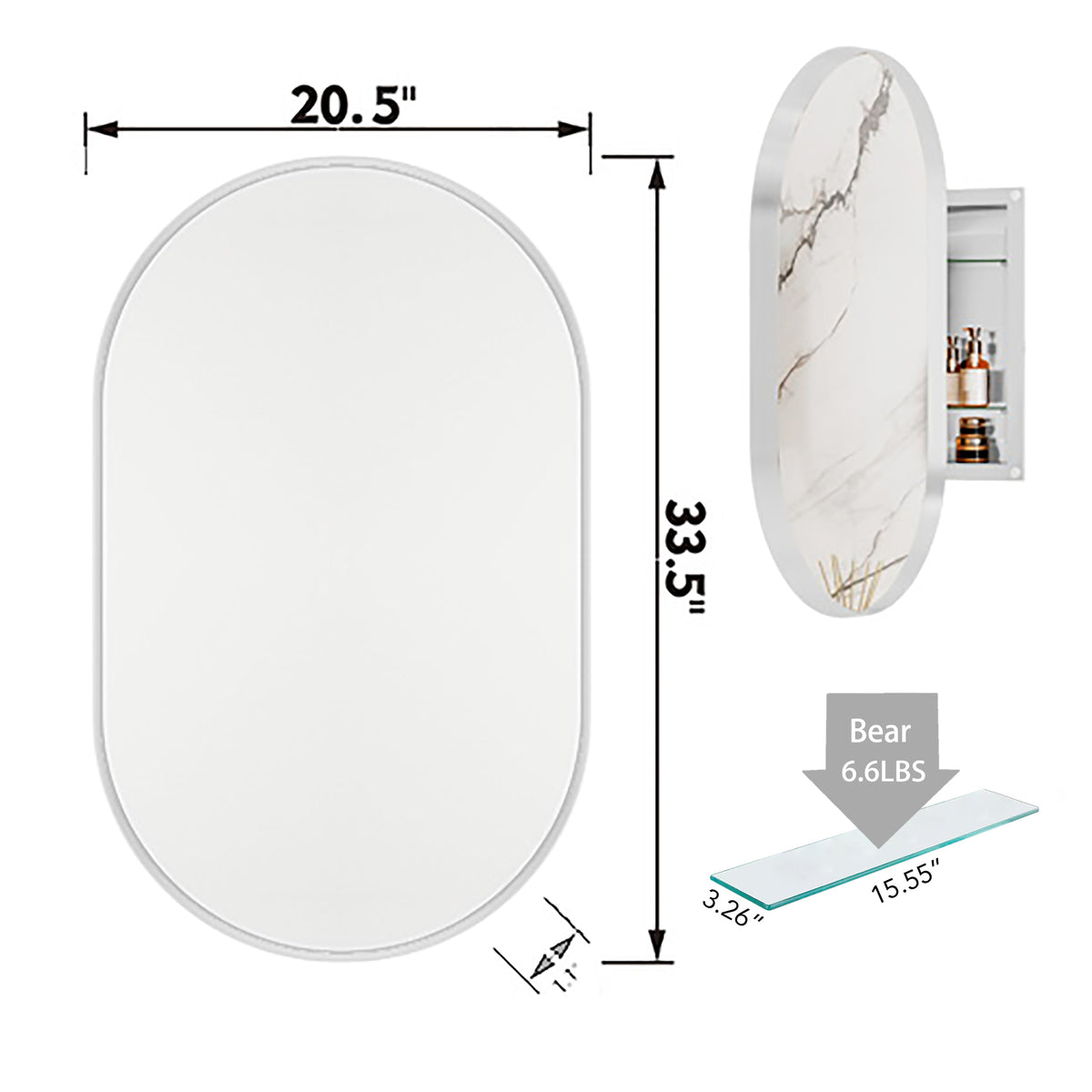 20x34 Inch Oval Recessed Medicine Cabinet, Metal Framed Bathroom Wall Cabinet with Mirror and Adjustable Shelves, Wall Mirror with Storage for Bathroom, White W1435P201161-djyc