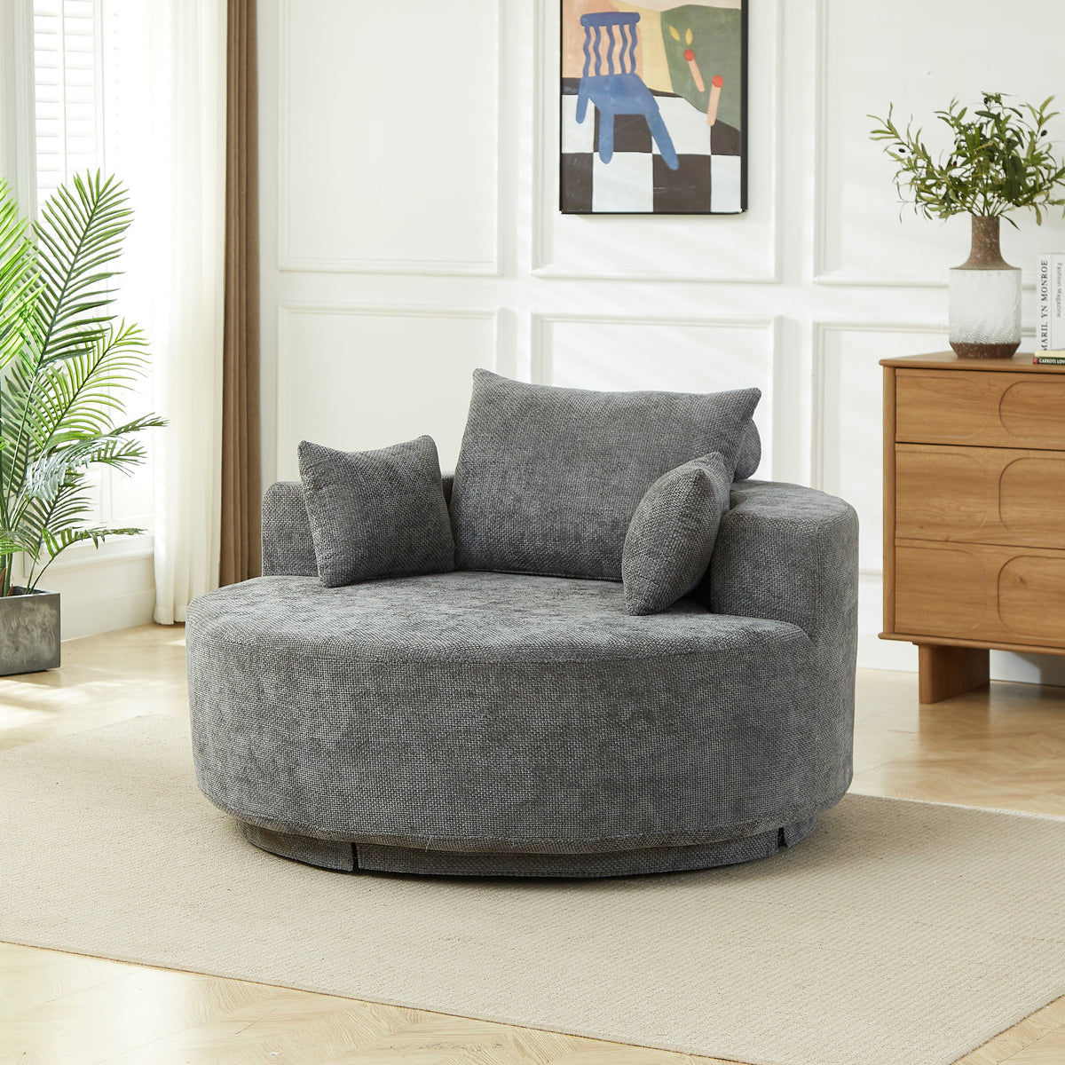 55''L Chenille Foam Single Swivel Chair, Fluffy Modern Sleeper, 360 Degree Swivel Chair for Living Room, Bedroom, Lounge and Projection Room-W834S00643