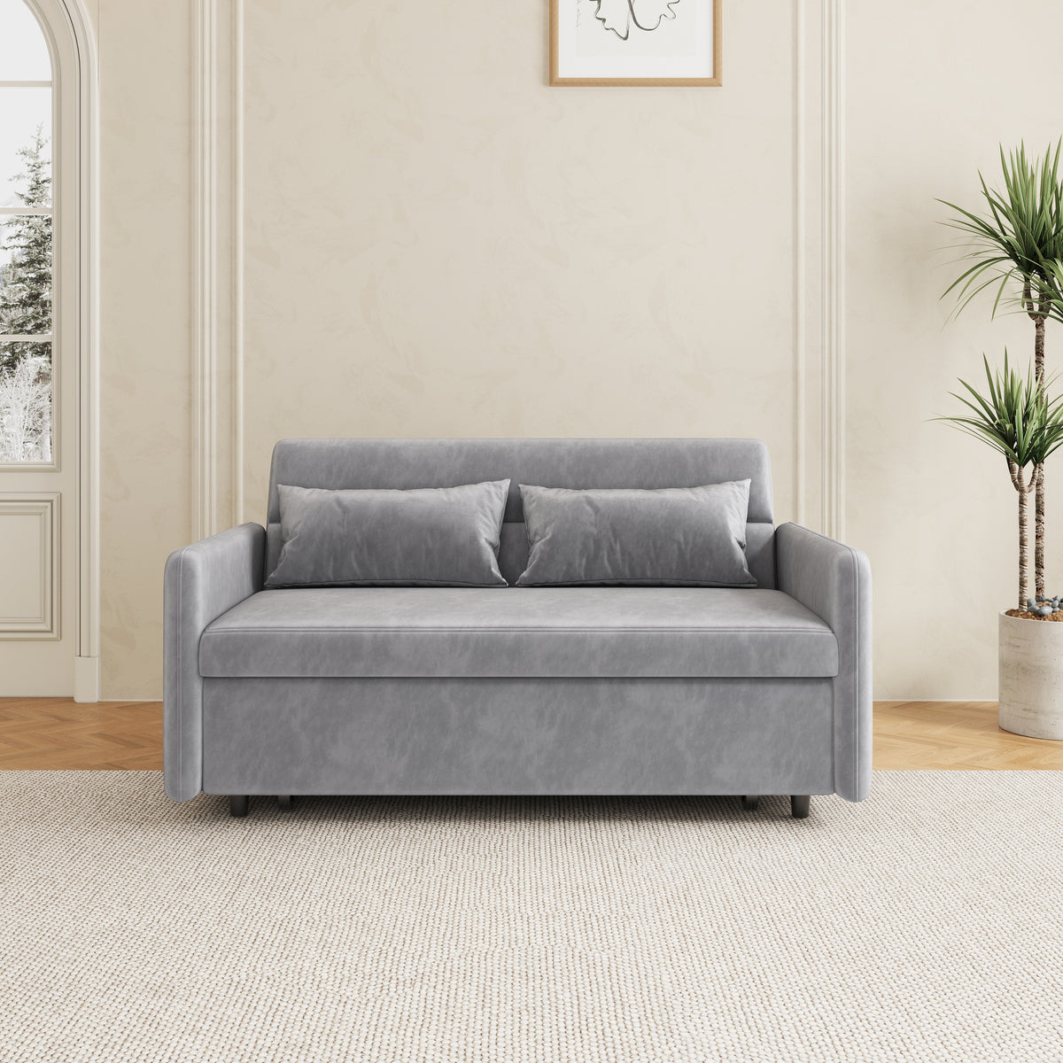 Sofa Pull Out Bed Included Two Pillows 54" Grey Velvet Sofa for Small Spaces W1278125091-djyc