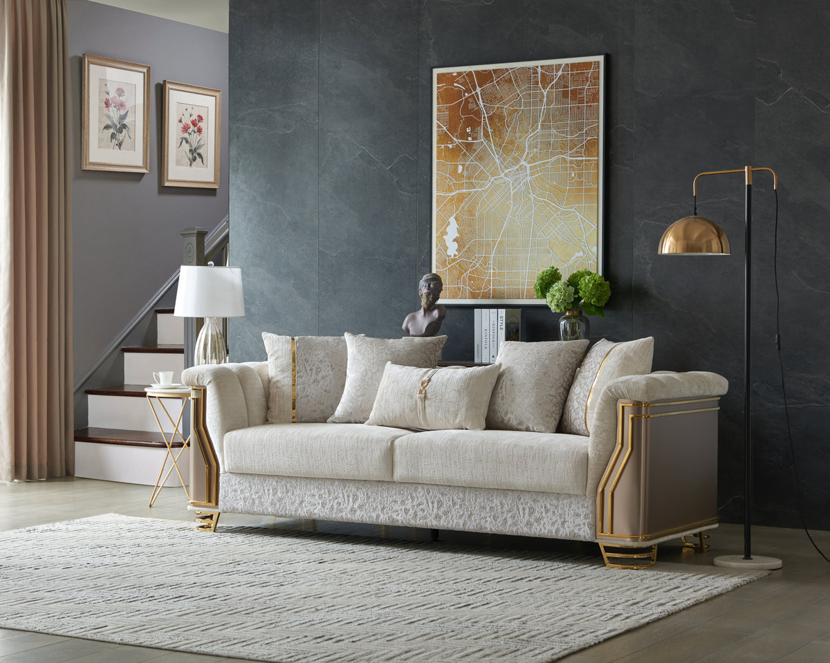 Chateau Two-Tone Wood Upholstery Sofa with Modern Flawless Design, Stainless Steel Gold Accents, and Cream Finish-B009P417488
