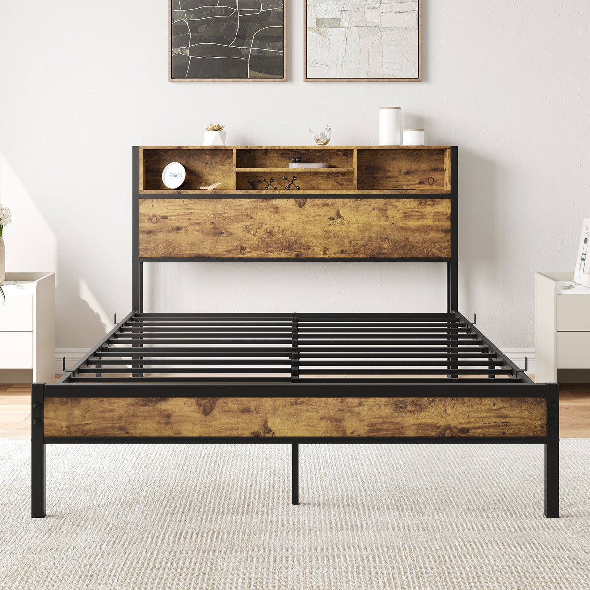 Full Size Bed Frame with Storage Headboard, Metal Platform Bed with Charging Station,Bookcase Storage, No Box Spring Needed, Easy Assembly, Noise-Free, Black W840127763-djyc