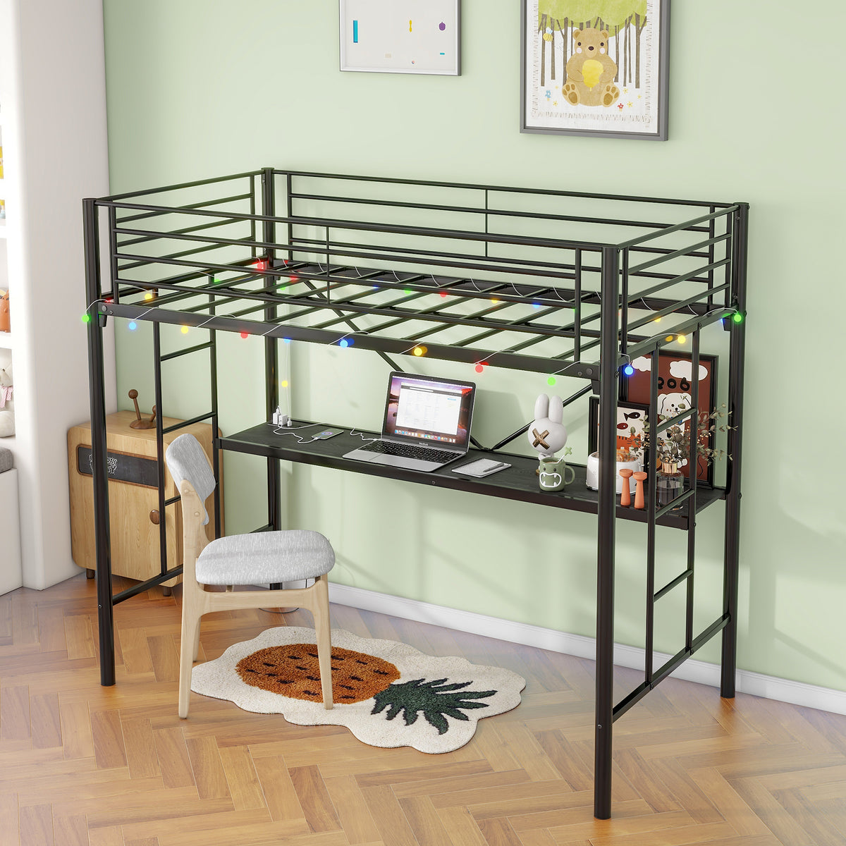 Twin Metal Loft Bed with Desk, Power Outlet and LED Lighted , Safety Guard & Ladder, No Box Spring Needed, Black W840P192240-djyc