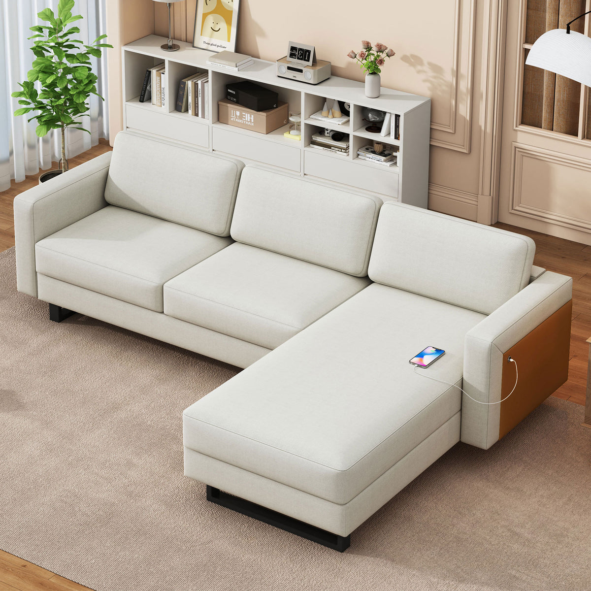 SOFA The best choice products upholstered sectional sofa for families, apartments, dormitories, award rooms, compact space with chaise longue, 3 seats, L-shaped design,off-white W1793S00004-djyc