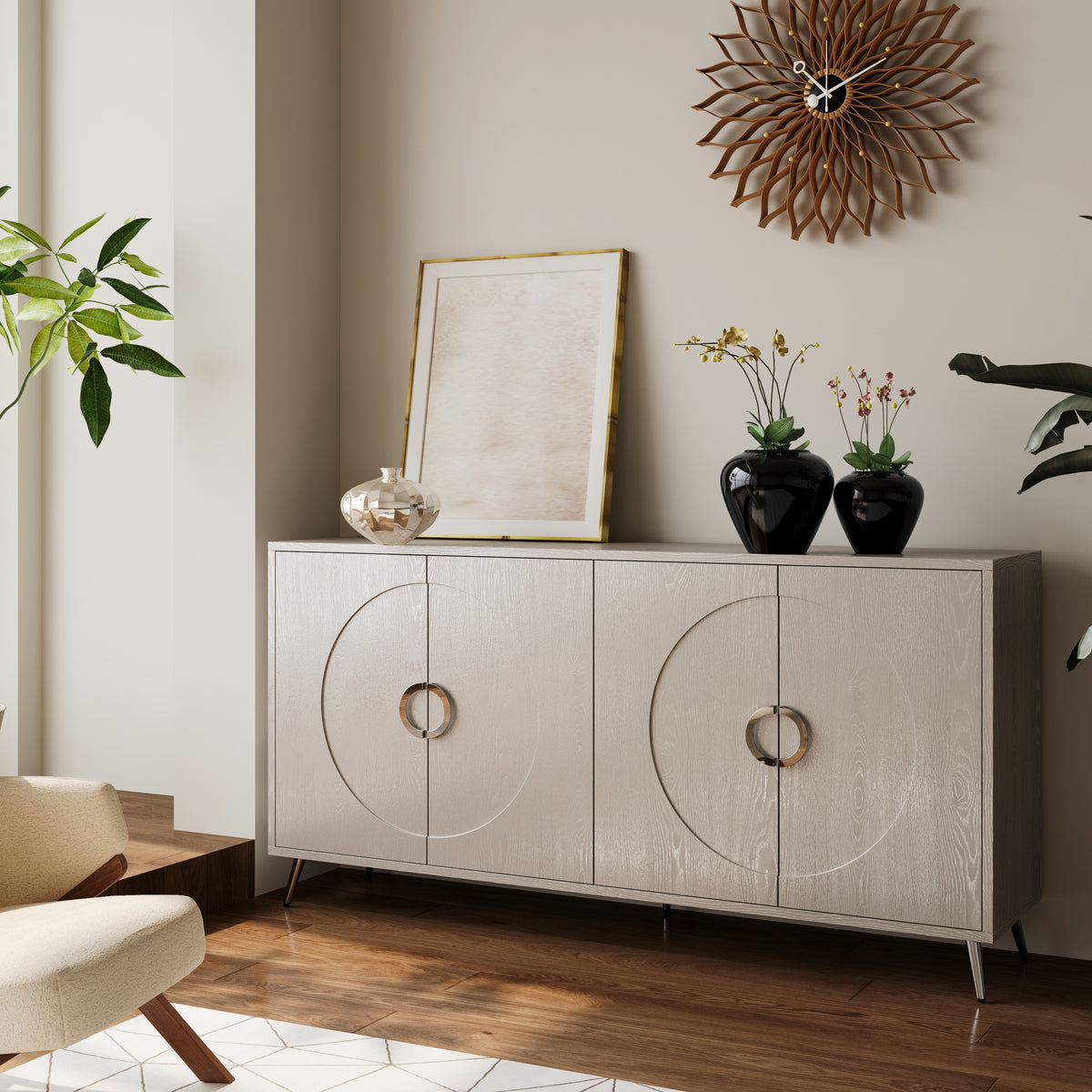 Modern Lacquered 4 Door Wooden Cabinet Sideboard Buffet Server Cabinet Storage Cabinet, for Living Room, Entryway, Hallway, Office, Kitchen and Dining Room, Champagne Silver W1435P191609-djyc