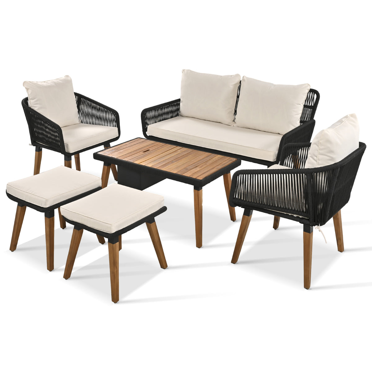 K&K 6-Piece Rope Patio Furniture Set, Outdoor Furniture with Acacia Wood Cool Bar Table with Ice Bucket , Deep Seat Patio Conversation Set with Two Stools for Backyard Porch Balcony (Black & Beige) SK000005AAA-djyc