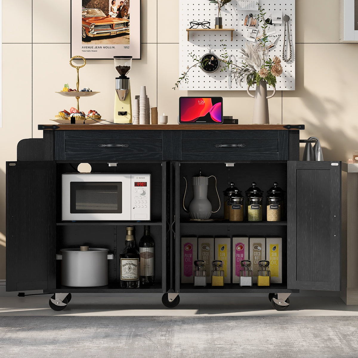 K&K 53.5''Farmhouse Kitchen Island with Power Outlet, Kitchen Storage Island with Drop Leaf, Spice Rack and Drawer, Rolling Kitchen Cart on Wheels, for Home, Kitchen and Dining Room, Black N707P170348B-djyc