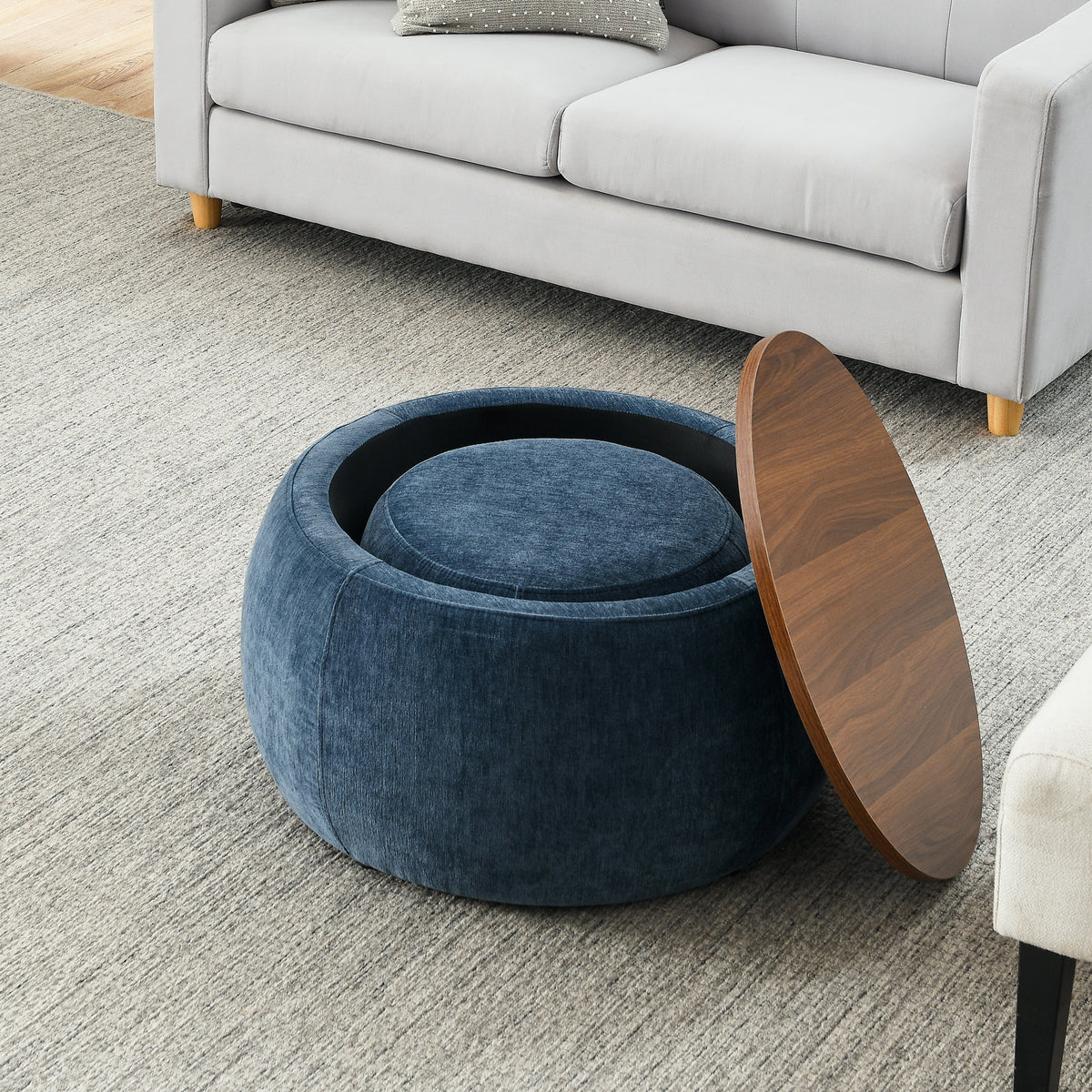 Round Storage Ottoman, 2 in 1 Function, Work as End table and Ottoman,with small seat,Dark blue(25"x25"x14.7") W487P165698-djyc