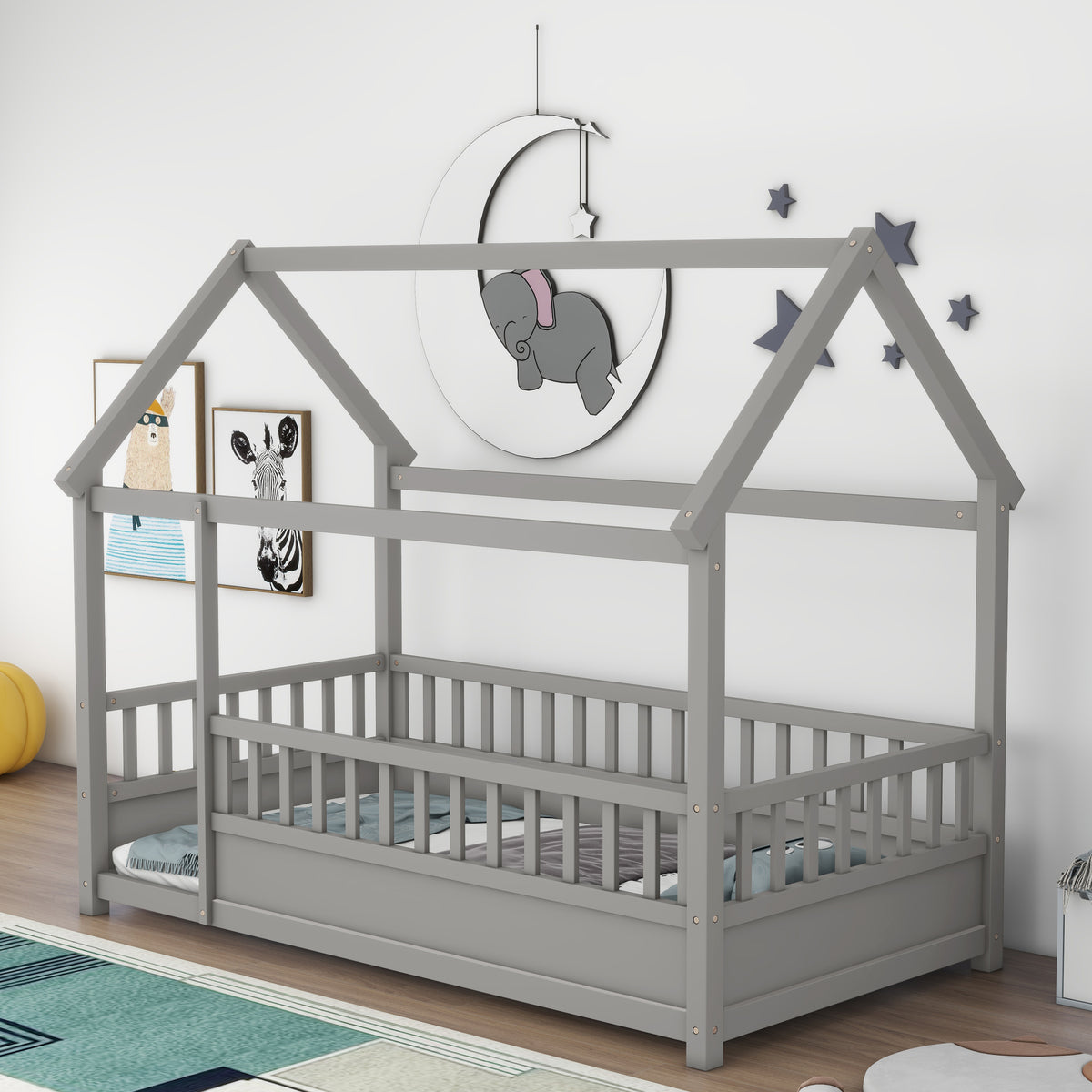 Twin Size Floor Wooden Bed with House Roof Frame, Fence Guardrails,Grey W1858123985-djyc