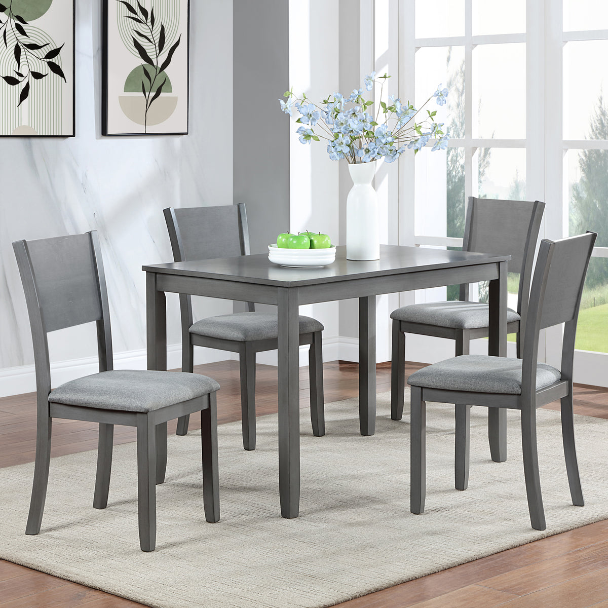 5 Piece Modern Dining Set, Rectangular Wooden Dining Table with 4 Upholstered Chairs for Kitchen, Dining Room, Gray W1998S00055-djyc