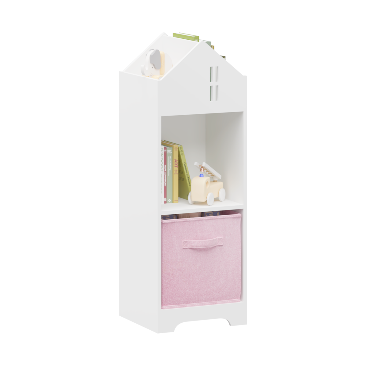 Kids Dollhouse Bookcase with Storage, 2-Tier Storage Display Organizer, Toddler Bookshelf with Collapsible Fabric Drawers for Bedroom or Playroom (White/Pink) W808122618-djyc