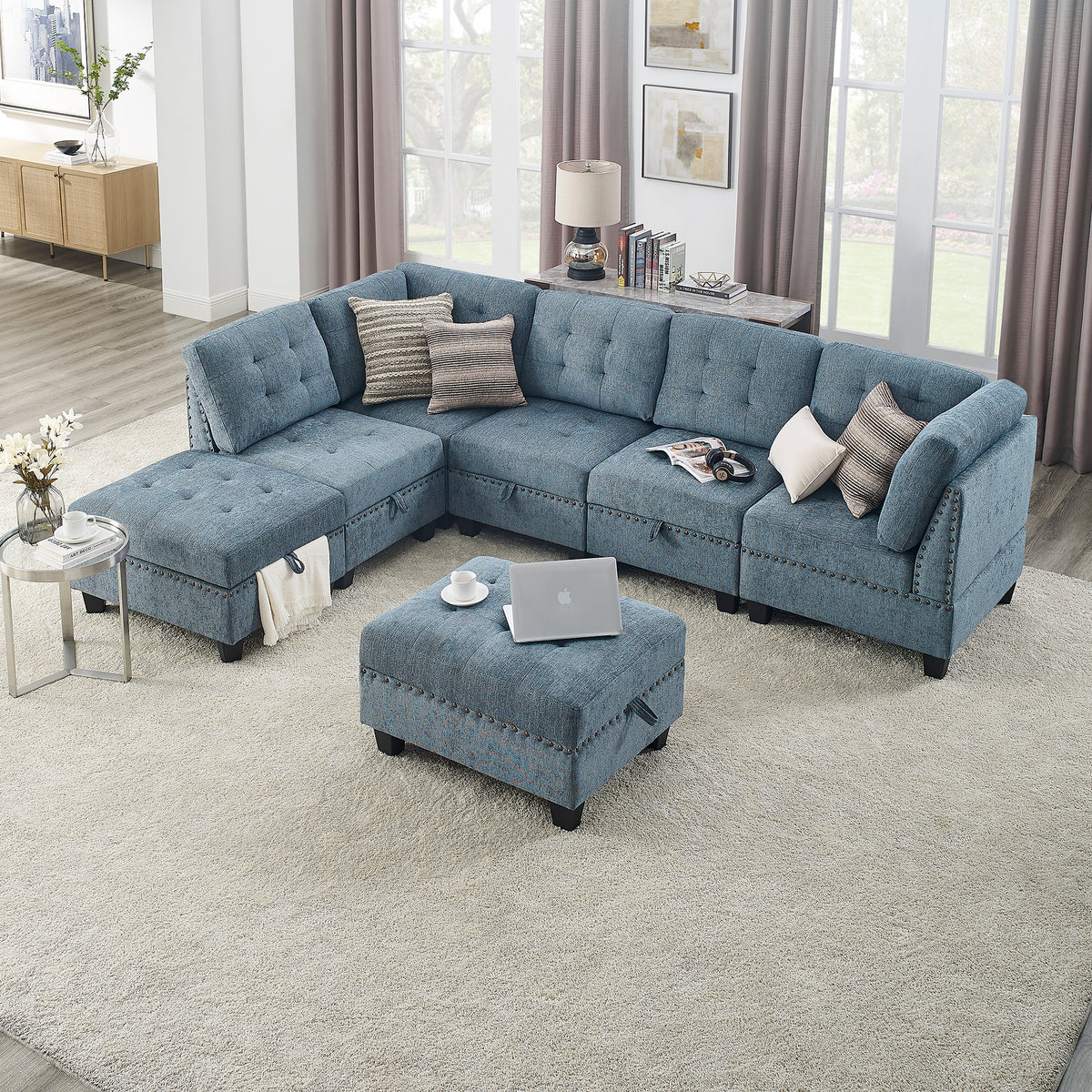 L shape Modular Sectional Sofa,DIY Combination,includes Three Single Chair ,Two Corner and Two Ottoman,Navy Blue W487S00191-djyc