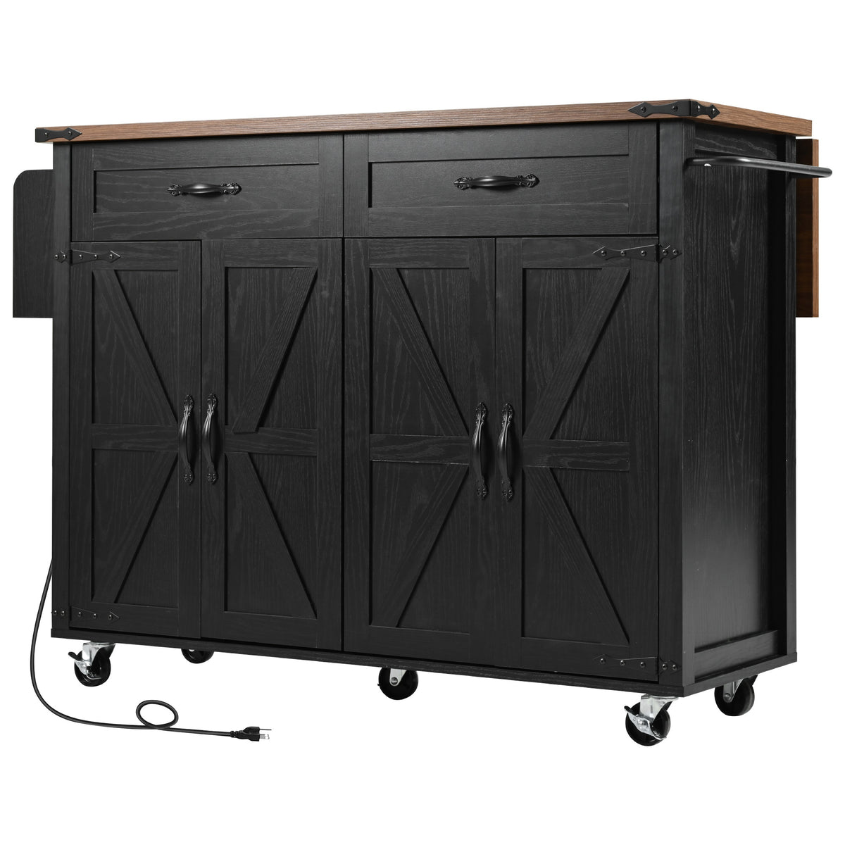 K&K 53.5''Farmhouse Kitchen Island with Power Outlet, Kitchen Storage Island with Drop Leaf, Spice Rack and Drawer, Rolling Kitchen Cart on Wheels, for Home, Kitchen and Dining Room, Black N707P170348B-djyc