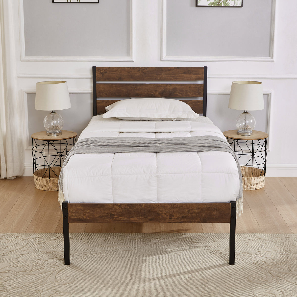 Twin Size Bed Frame with Wood Headboard, Metal Frame with Strong Slats, Noise Free,No Box Spring Needed-Brown W2336P167500-djyc