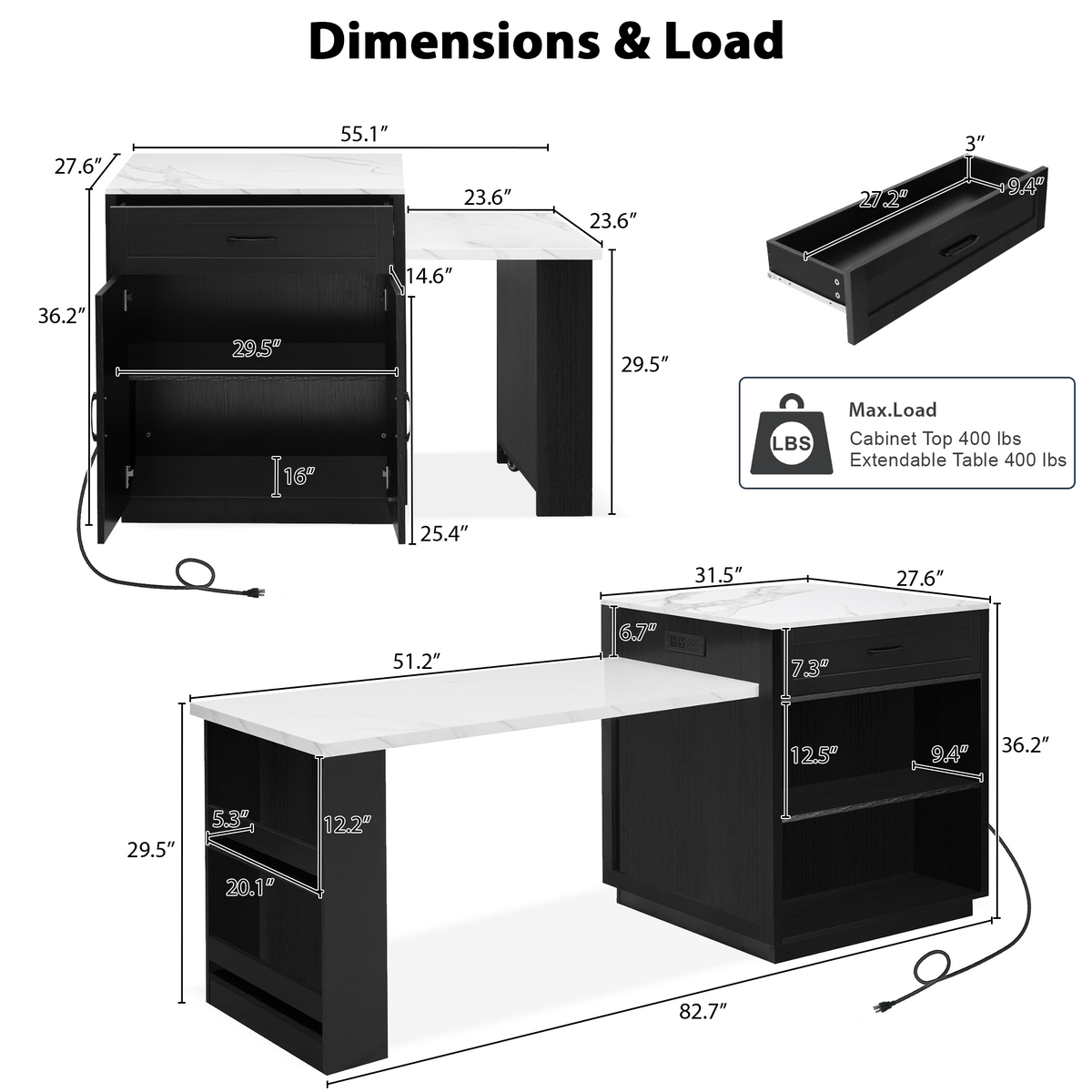 K&K 82.7 inch Kitchen Island with Extendable Dining Table for 4-6 Person,Faux Mable Kitchen Table with Double-sized Storage,Power Outlet,Kitchen island with Storage 2 Drawers 2 Side Open Shelves,Black N707S000010B-djyc