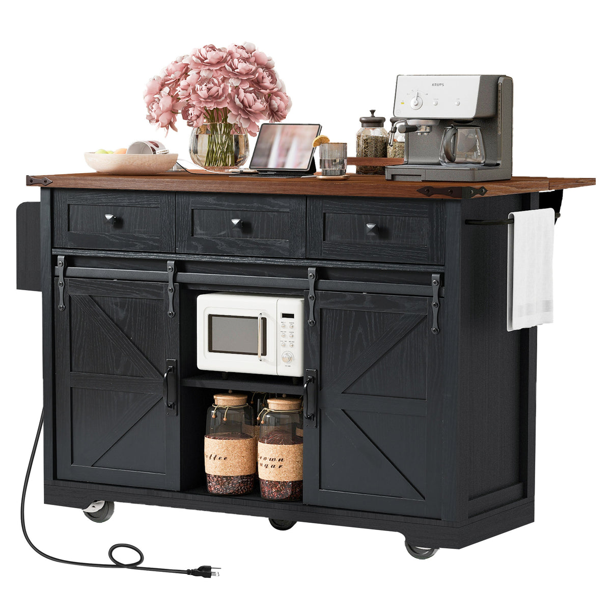 K&K 53.7" Farmhouse Kitchen Island with Power Outlet, 2 Sliding Barn Door Kitchen Storage Island with Drop Leaf, Spice Rack Rolling Kitchen Cart on Wheels, for Home, Kitchen and Dining Room, Black N707P170347B-djyc