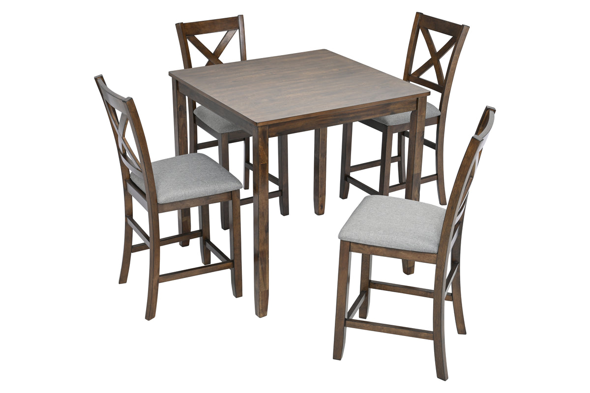 5 Piece Dining Table Set, Wooden Dining Square Table Set for 4, Counter Height Kitchen Table Set with Square Table and 4 Upholstered Chairs for Small Space, Walnut W1998S00032-djyc