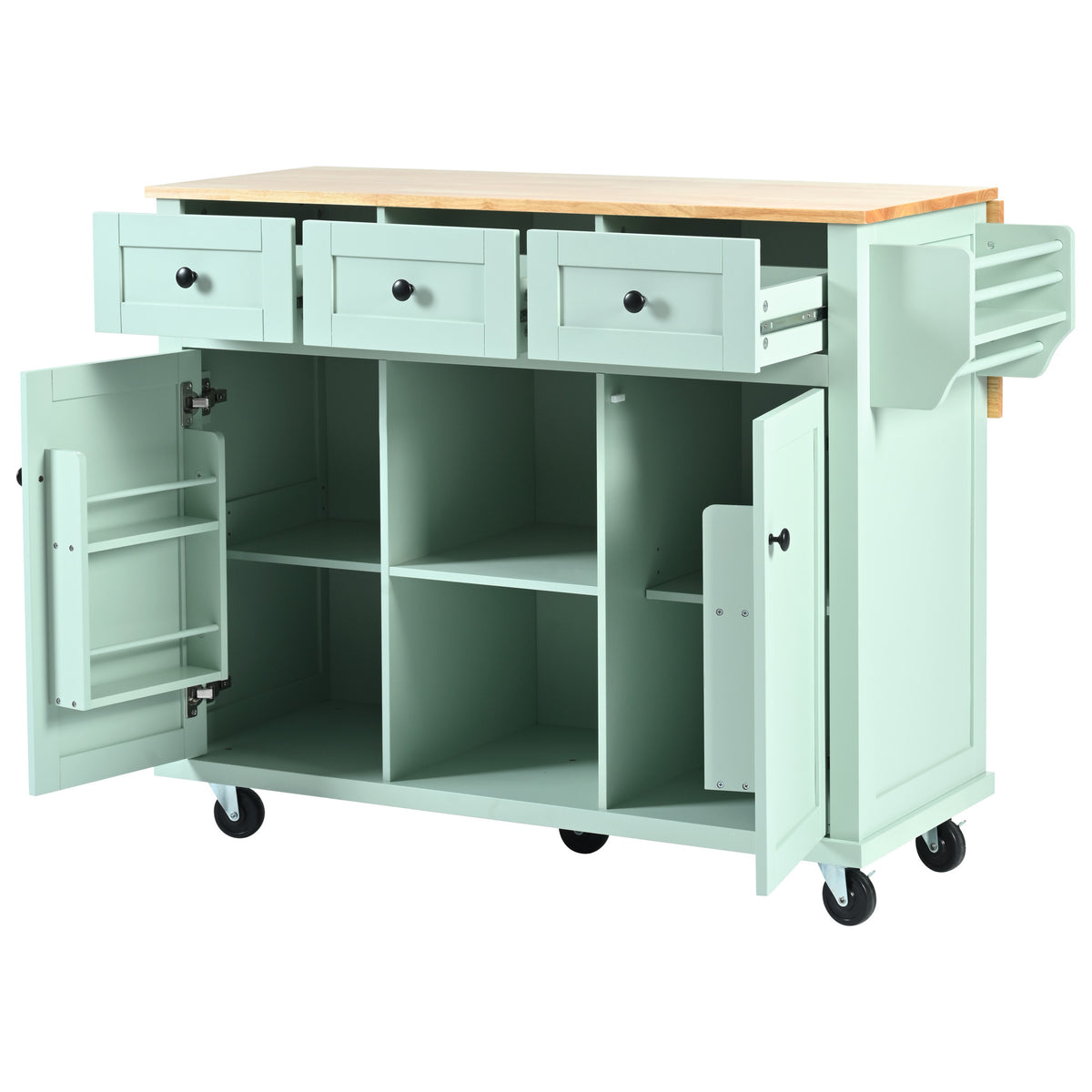 Kitchen Cart with Rubber wood Drop-Leaf Countertop ,Cabinet door internal storage racks,Kitchen Island on 5 Wheels with Storage Cabinet and 3 Drawers for Dinning Room, Mint Green WF298028AAE-djyc