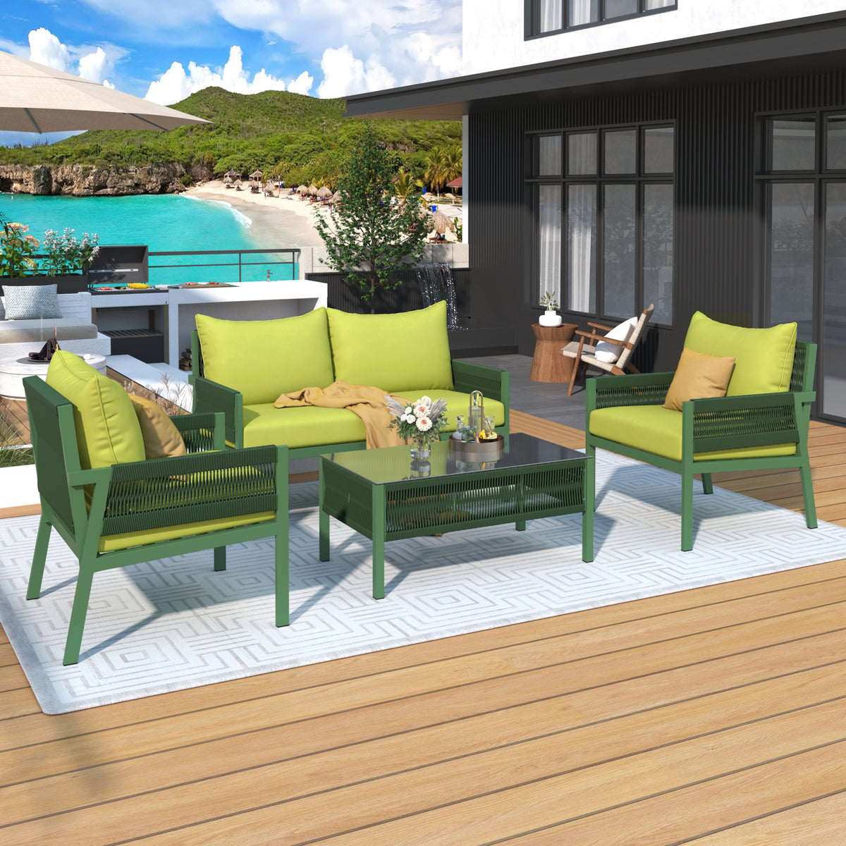 K&K 4-Piece Rope Patio Furniture Set, Outdoor Furniture with Tempered Glass Table, Patio Conversation Set Deep Seating with Thick Cushion for Backyard Porch Balcony (Fluorescent Yellow & Green) SK000003AAE-djyc