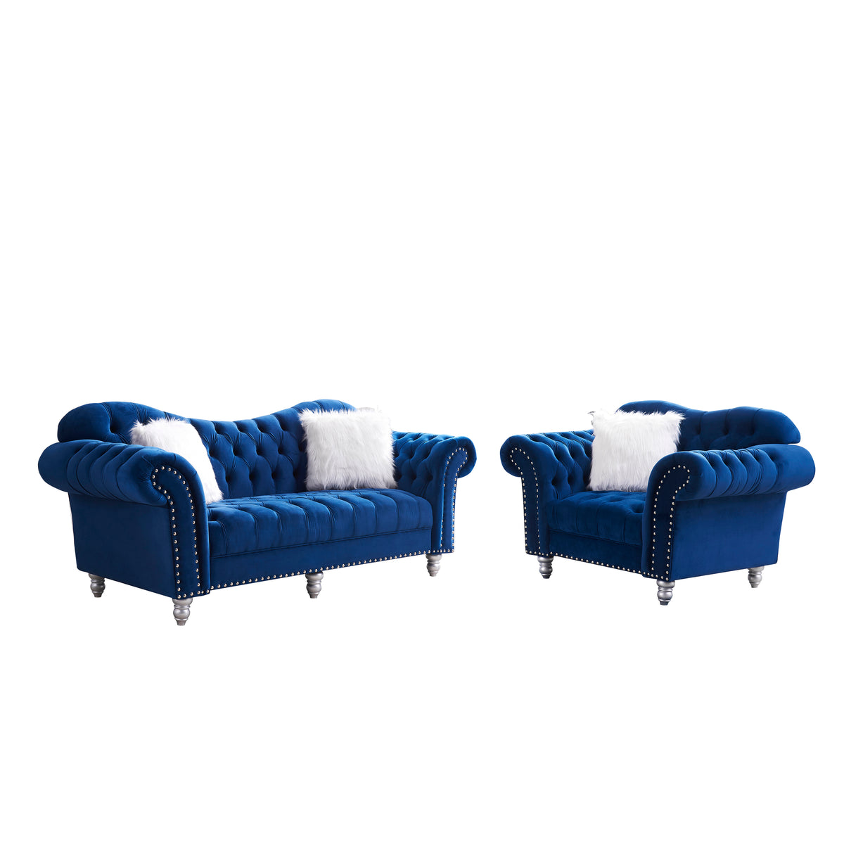 3 Piece Living Room Sofa Set, including 3-Seater Sofa, Loveseat and Sofa Chair, with Button and Copper Nail on Arms and Back, Five White Villose Pillow, Blue. W487S00051-djyc