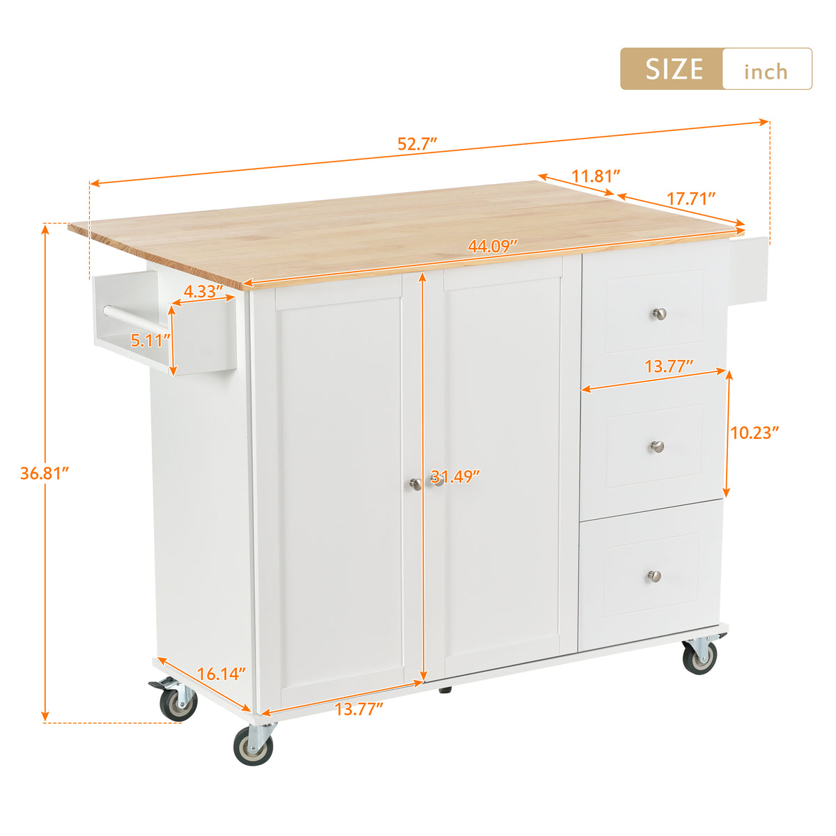 Rolling Mobile Kitchen Island with Solid Wood Top and Locking Wheels,52.7 Inch Width,Storage Cabinet and Drop Leaf Breakfast Bar,Spice Rack, Towel Rack & Drawer (White) WF287035AAW-djyc