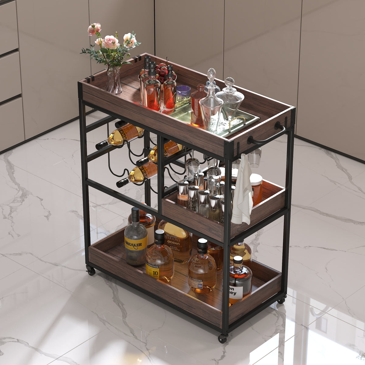 3 Tier Industrial Rolling Serving Cart with Lockable Wheels, Wine Rack Cart with Glass Holder for Indoor and Outdoor, Beverage Trolley cart with 2 Removable Tray, W2557P195401-djyc