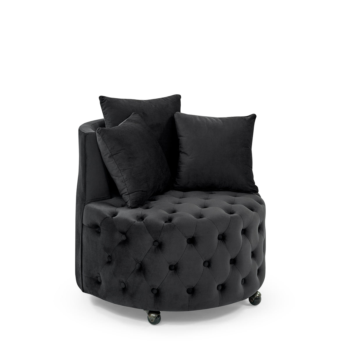 Velvet Upholstered Swivel Chair for Living Room, with Button Tufted Design and Movable Wheels, Including 3 Pillows, Black W48790917-djyc