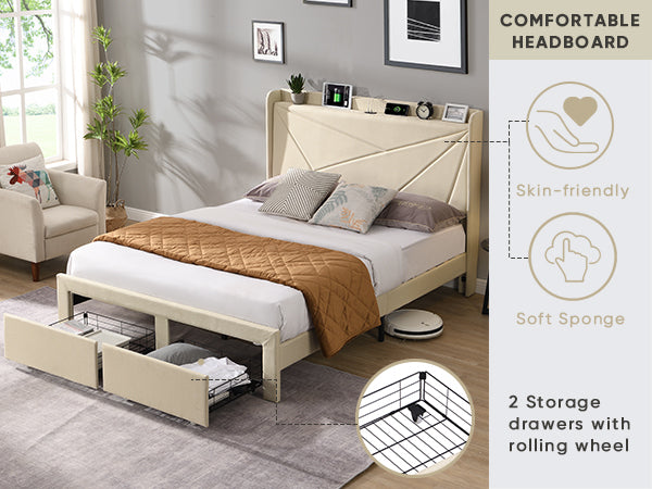 Full Size Bed Frame with 2 Storage Drawers, Upholstered Bed Frame with Wingback Headboard Storage Shelf Built-in USB Charging Stations and Strong Wood Slats Support, No Box Spring Needed, Beige W1916126256-djyc