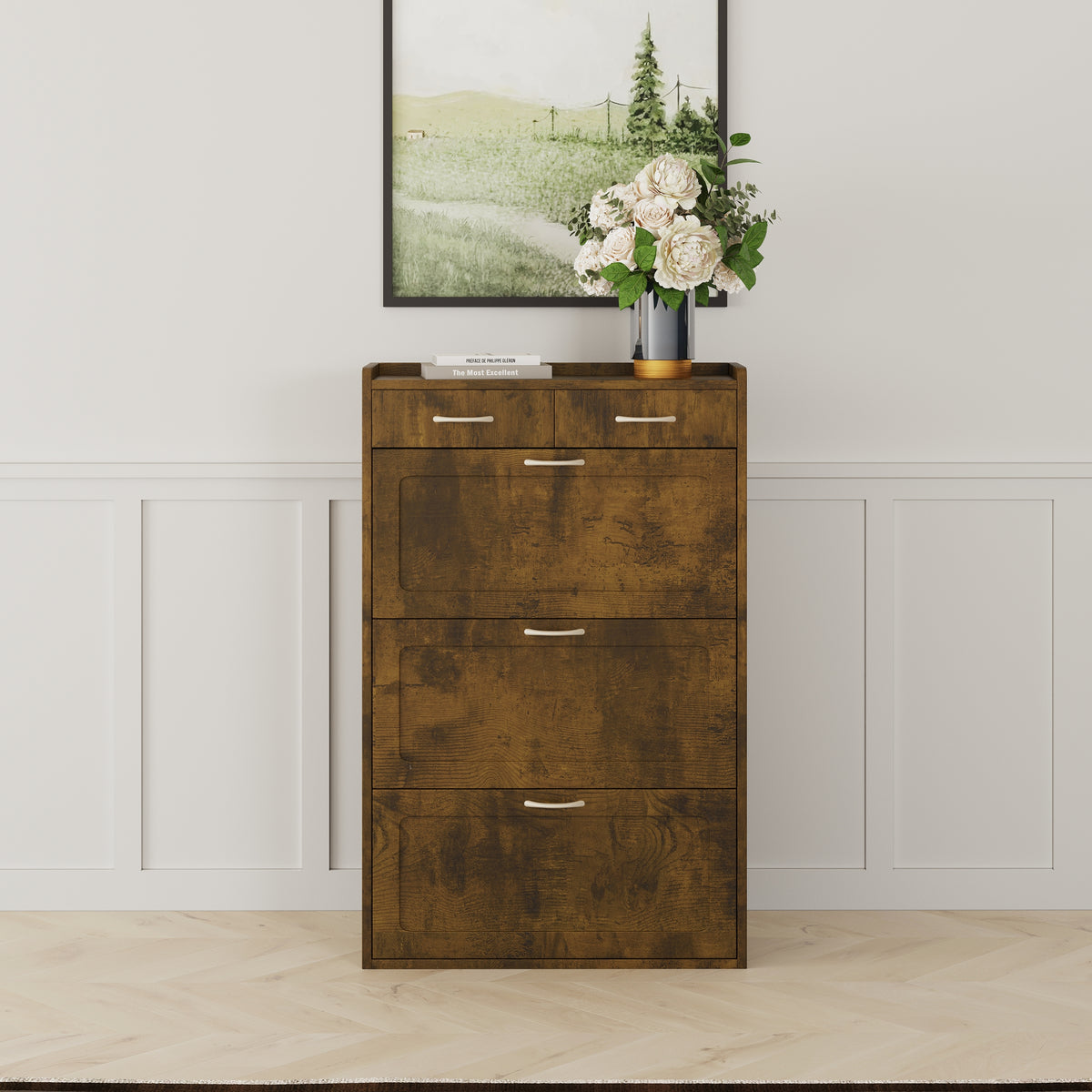 31.49 inches of black and brown solid wood shoe cabinet, three layers of flip bucket shoes storage cabinet, simple and generous for a variety of home styles Black and brown solid wood shoe cabinet, th W1278S00042-djyc