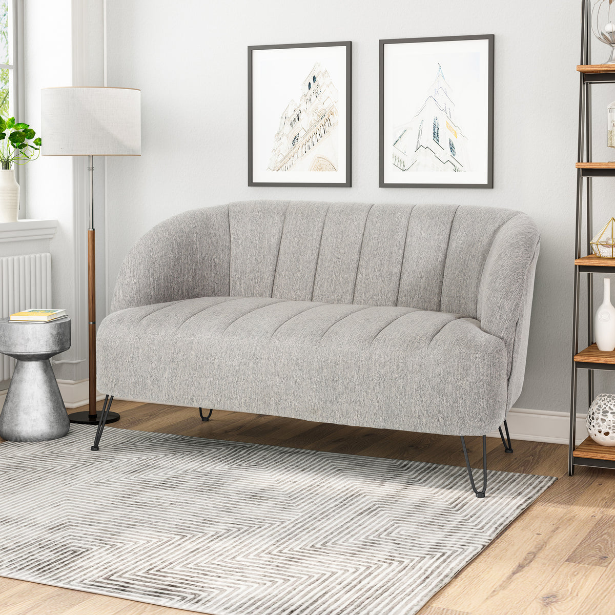 Modern Loveseat with Channel Stitching and Hairpin Legs, Light Grey Fabric, Handcrafted Details 65979.00LGRY-djyc