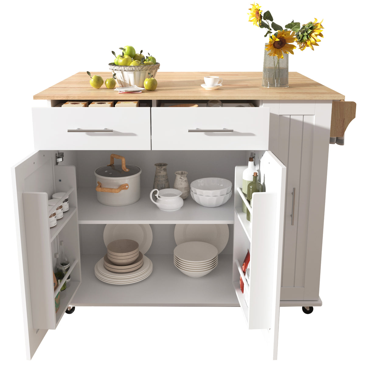 K&K Kitchen Island with Drop Leaf, Kitchen Storage Cart with 3 Tier Pull Out Cabinet Organizer, Internal Storage Rack, Rolling Kitchen Cart on Wheels with Towel Rack, 2 Drawers, for Kitchen, White WF531421AAW-djyc