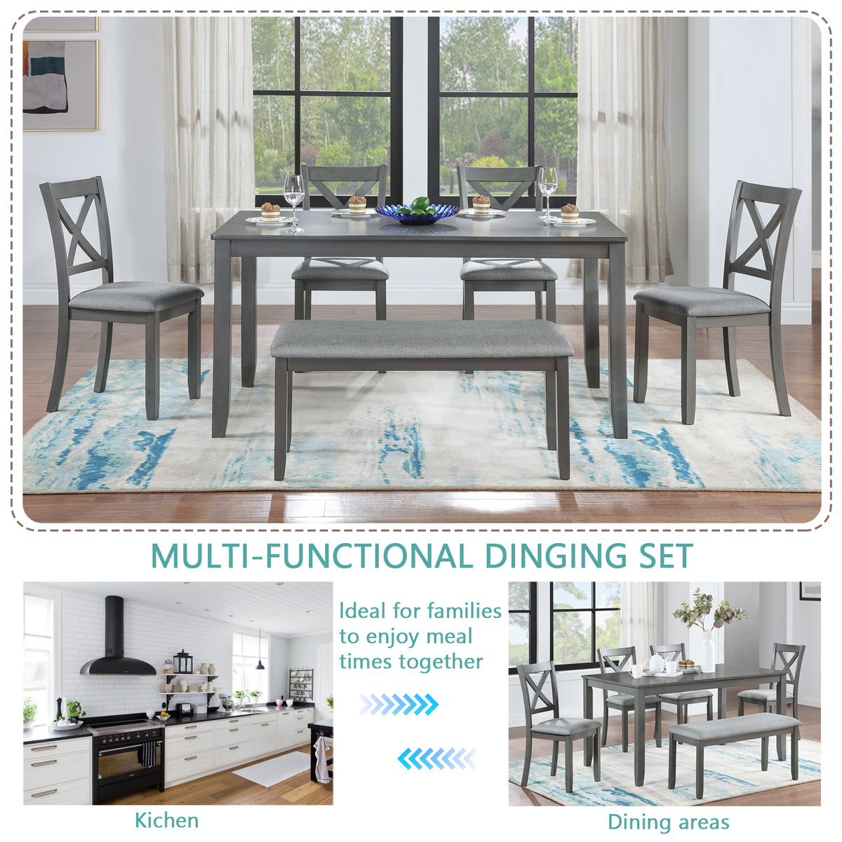 6 Piece Kitchen Dining Set, Rectangular Wooden Dining Table with 4 Upholstered Chairs and a Bench, Dining Table Set for 6 People, Living Room, Home Bar and Kitchen, Gray W1998S00004-djyc