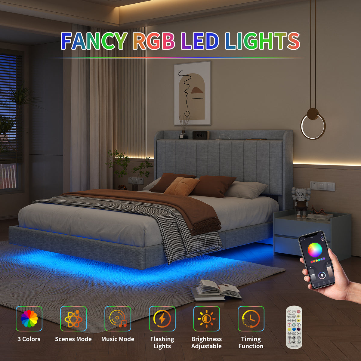 Queen size Floating Bed Frame,with Remote control LED Lights with APP , Wood Platform-Light Grey W2336P167496-djyc